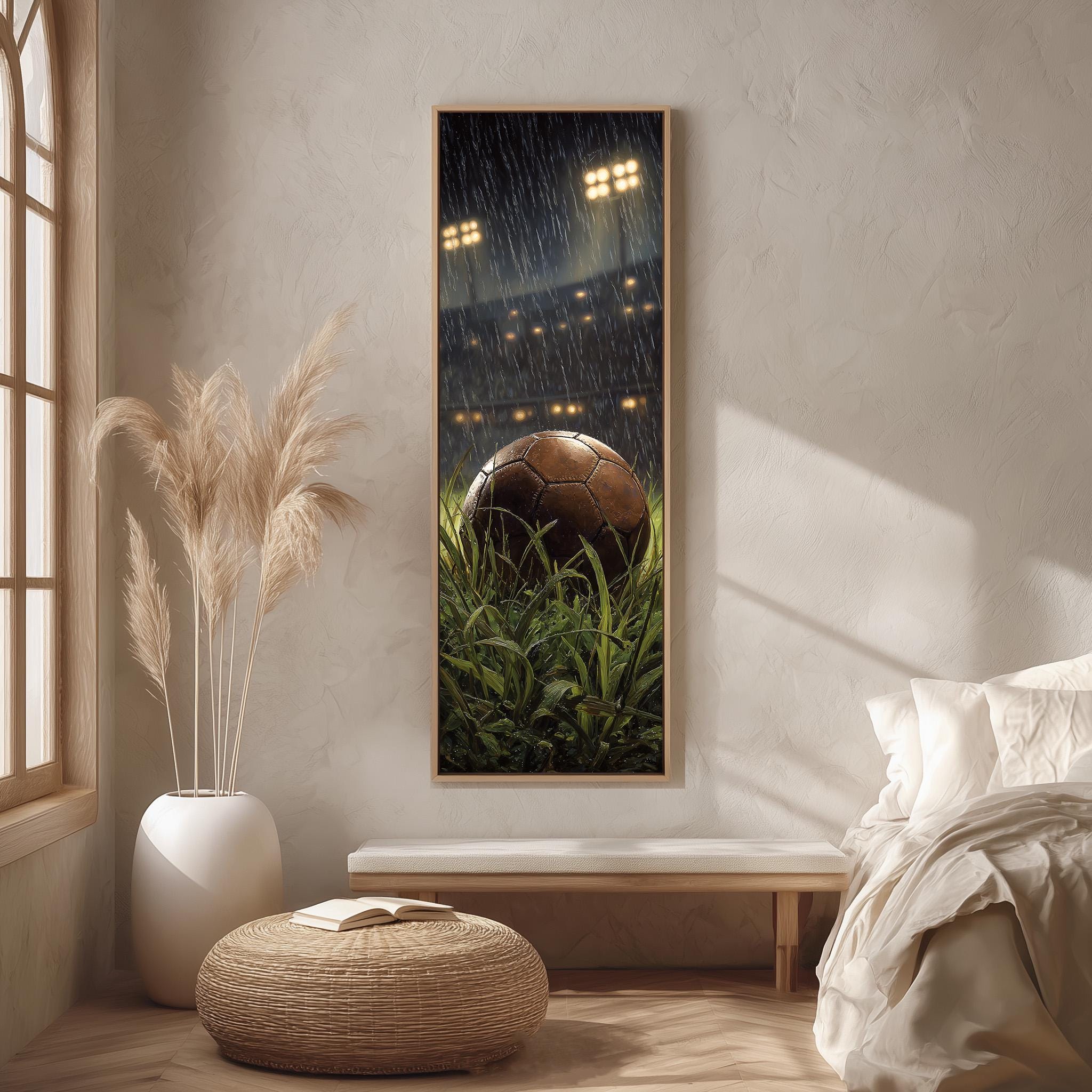 a serene indoor setting with a large framed picture of a soccer ball surrounded by lush greenery, including grass and plants, hanging on the wall. The room features a bed, a potted plant, and a woven ottoman, creating a cozy and inviting atmosphere.