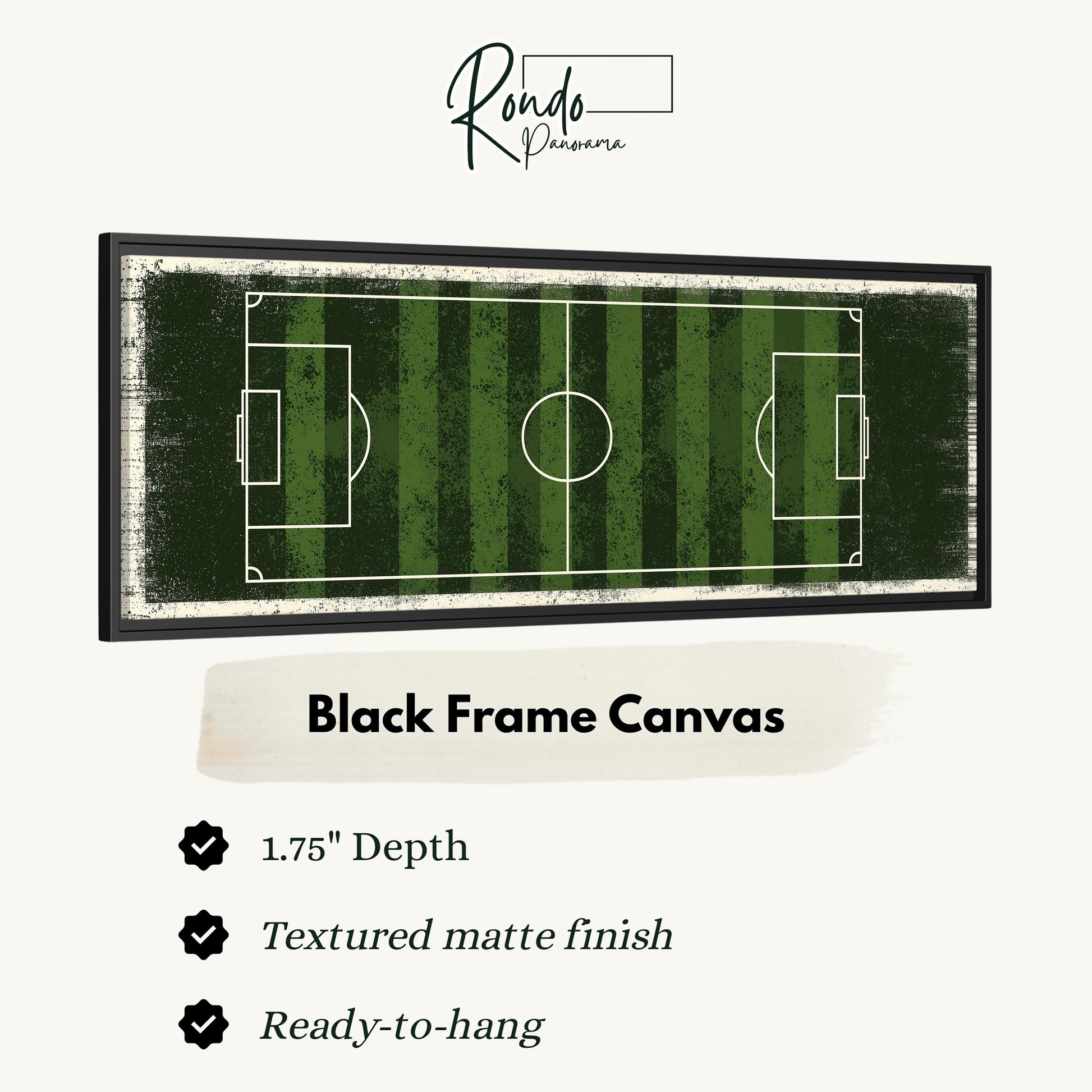 A framed canvas depicting a soccer field with green and white lines.