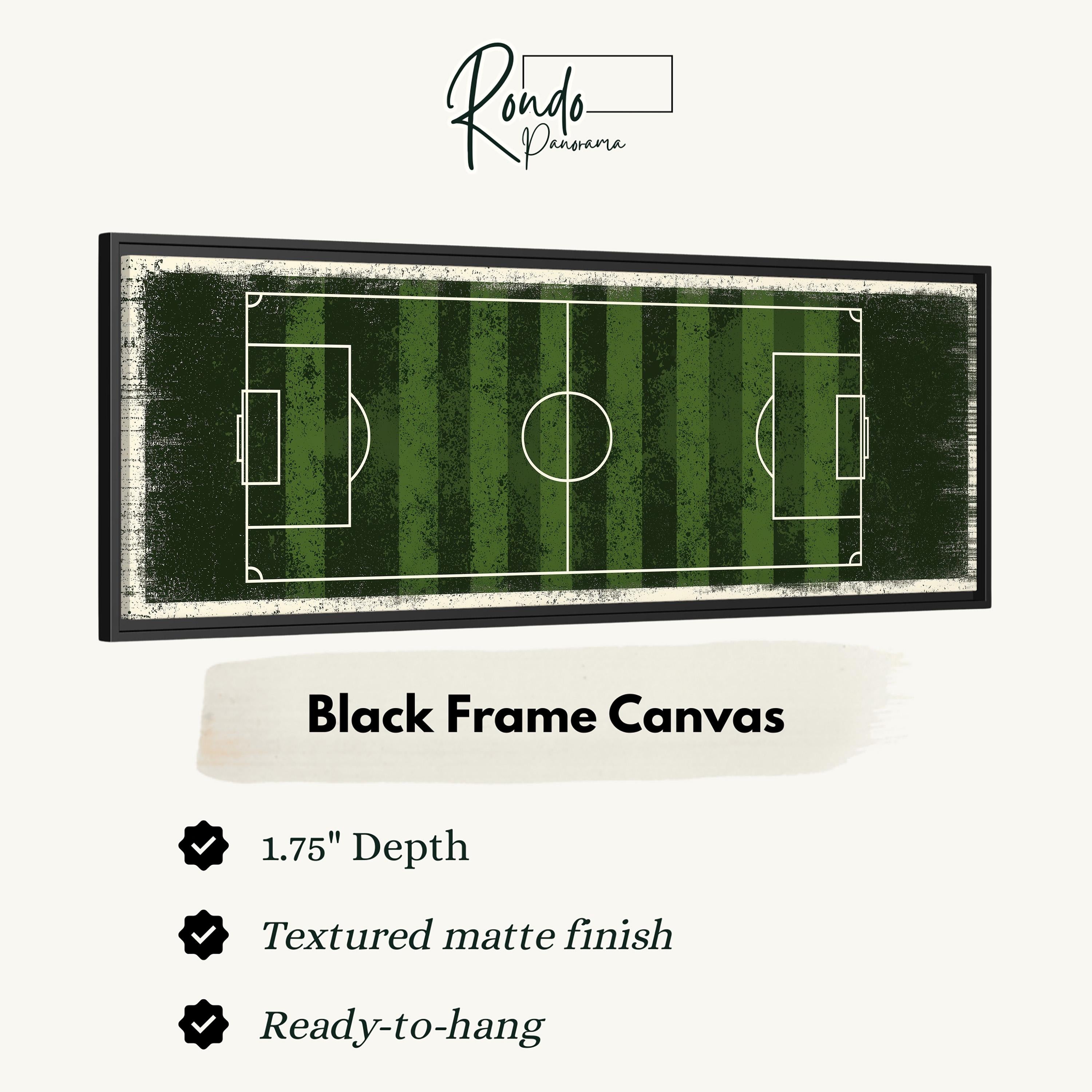 A framed canvas depicting a soccer field with green and white lines.