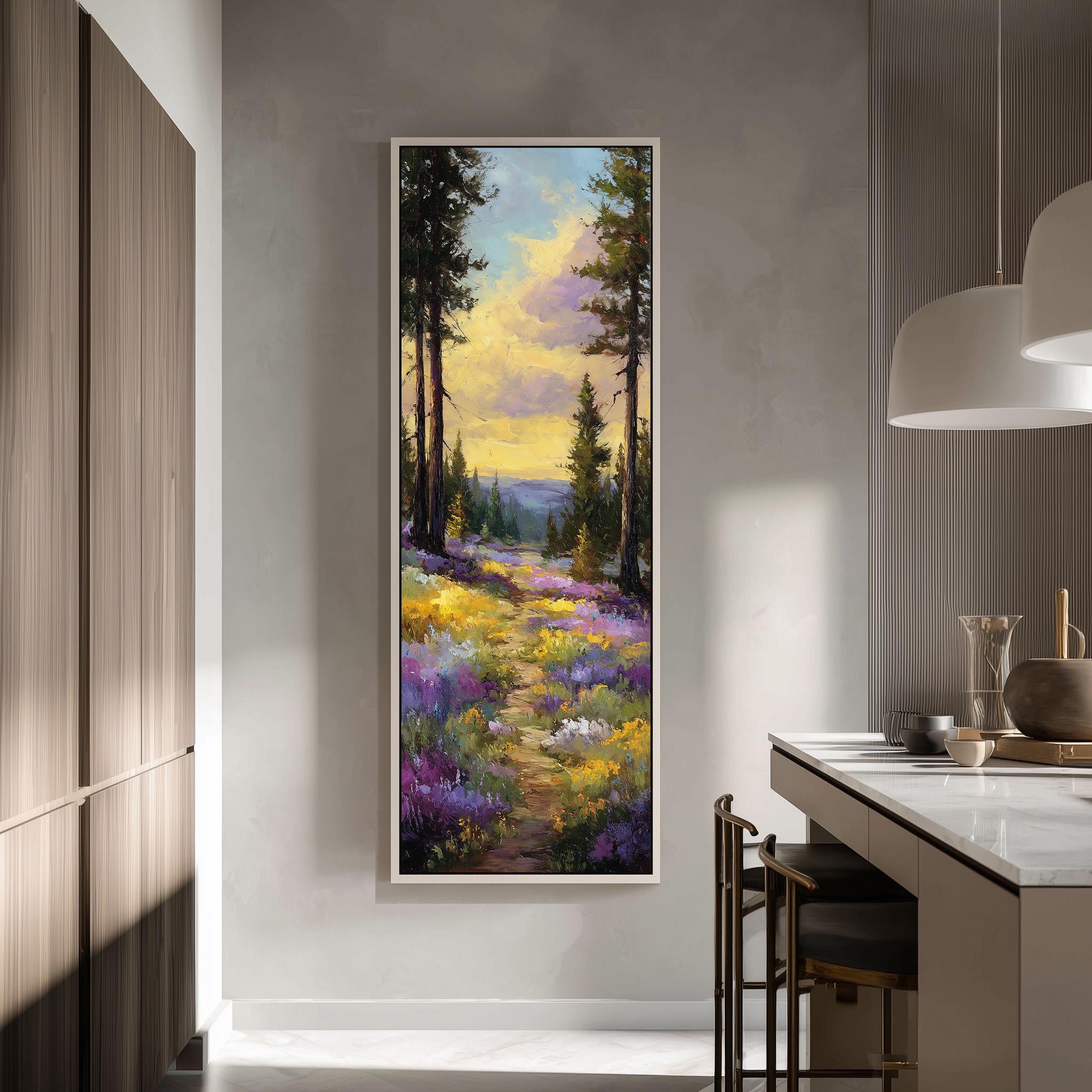 a large painting of a colorful garden scene hanging on a wall in a modern kitchen.