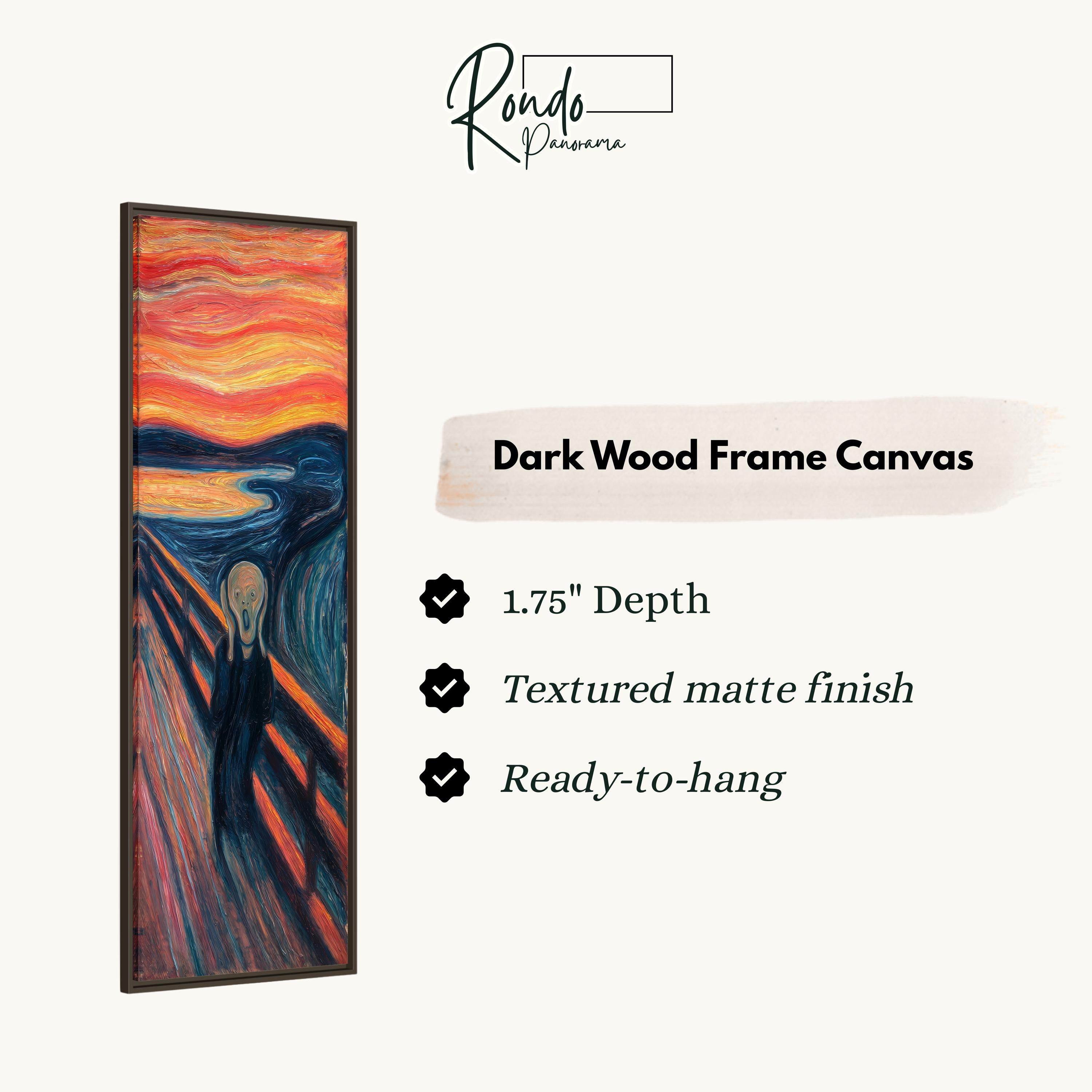 The image is a dark wood frame canvas depicting the iconic painting "The Scream" by Edvard Munch.