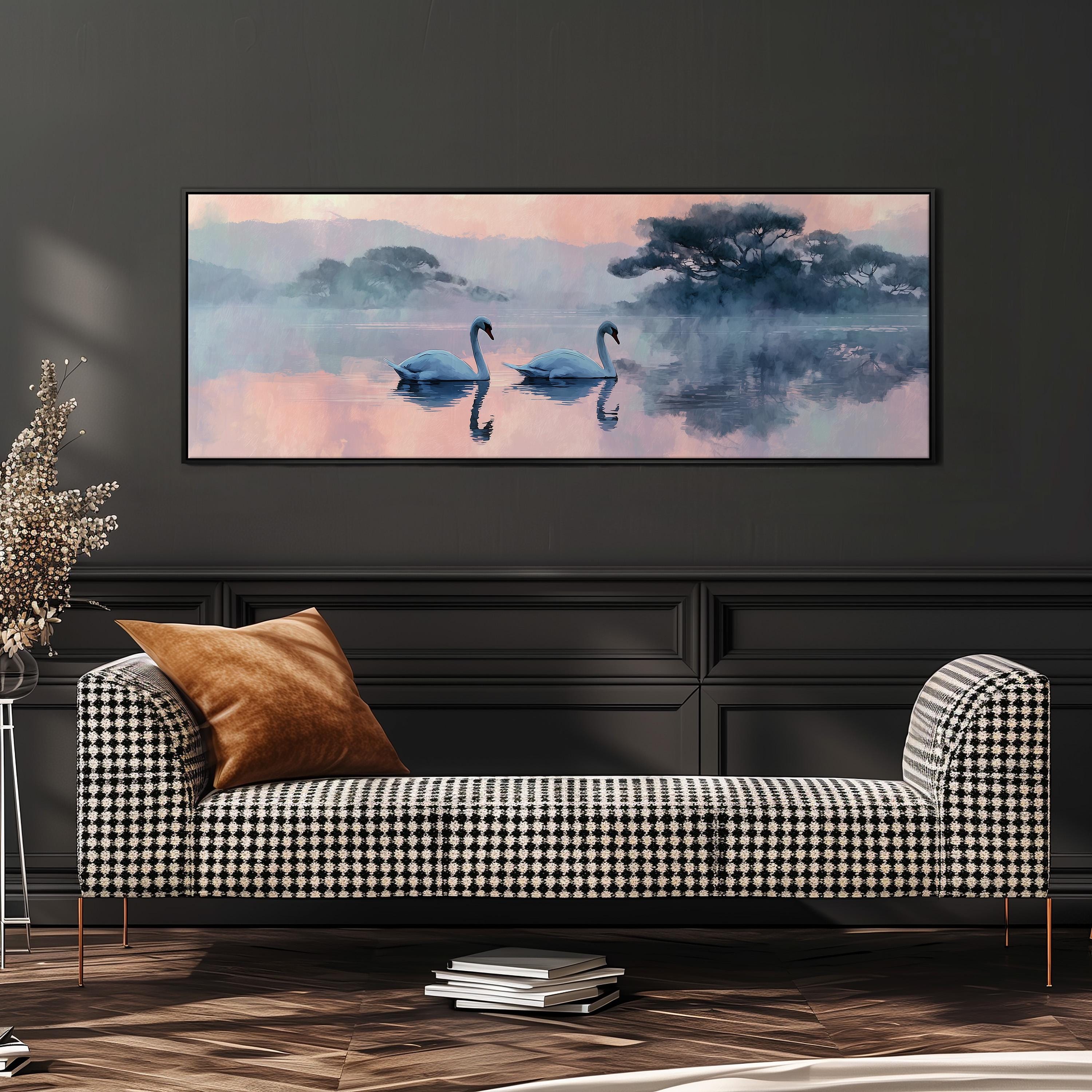 a large painting of two swans swimming in a lake, with a black and white checkered sofa in the foreground.