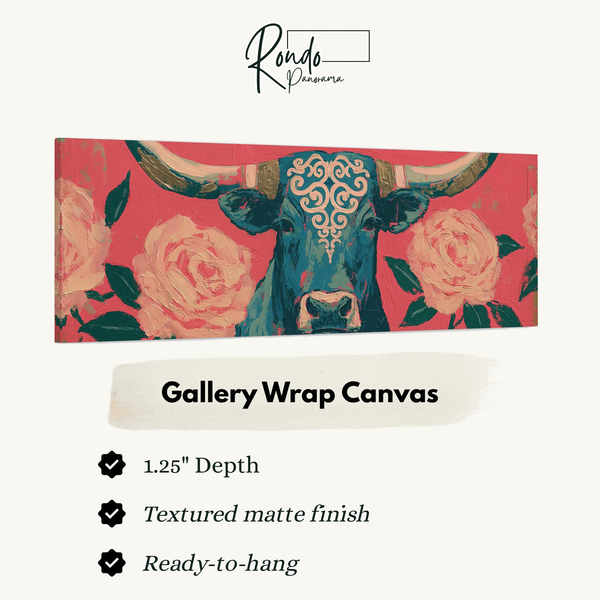 Longhorn with pink roses gallery wrap canvas with the image wrapped around the edges