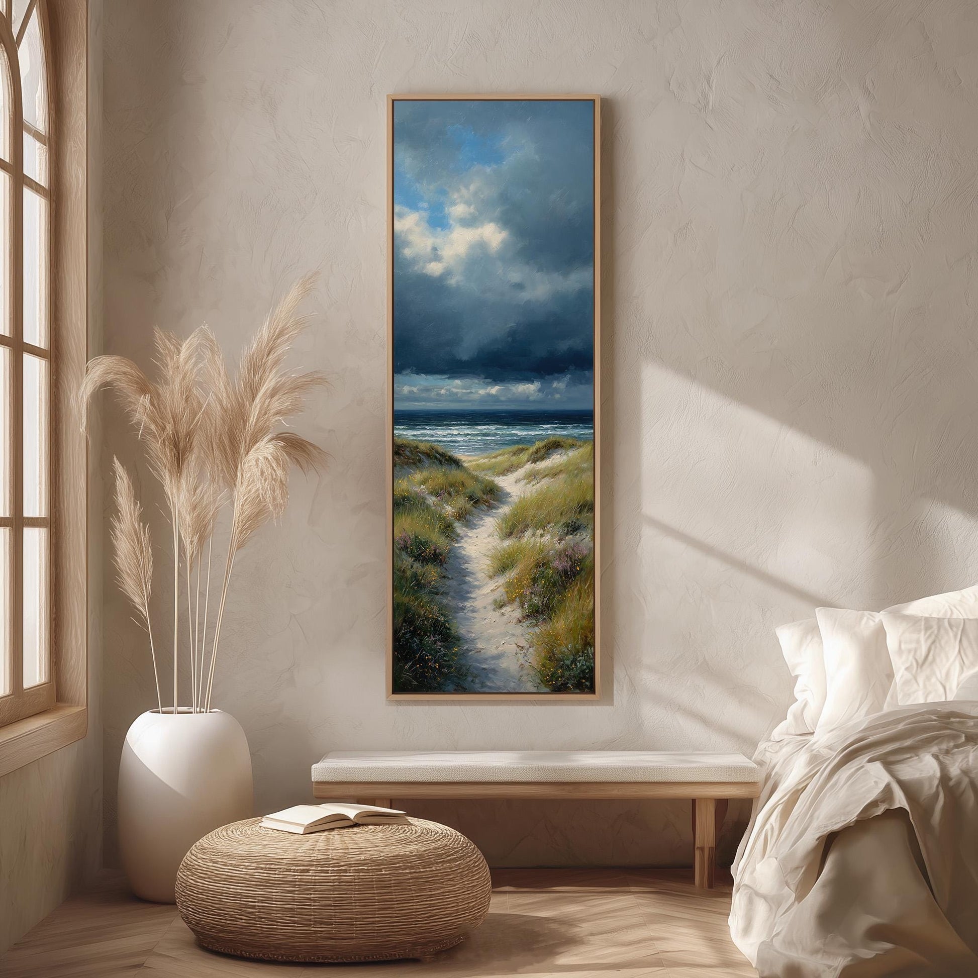 a serene bedroom scene with a large painting of a beach landscape hanging on the wall, a white bed with a white pillow, a white vase with tall potted plants, and a wooden bench.