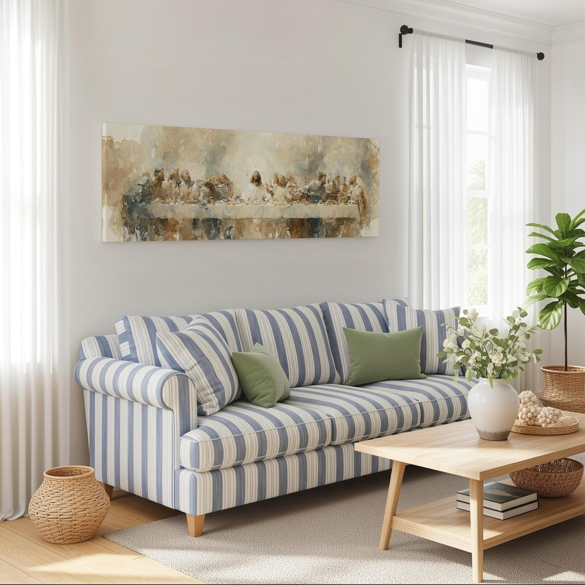 The Last Supper in soft gold tones long horizontal canvas print above a striped sofa in a coastal living room