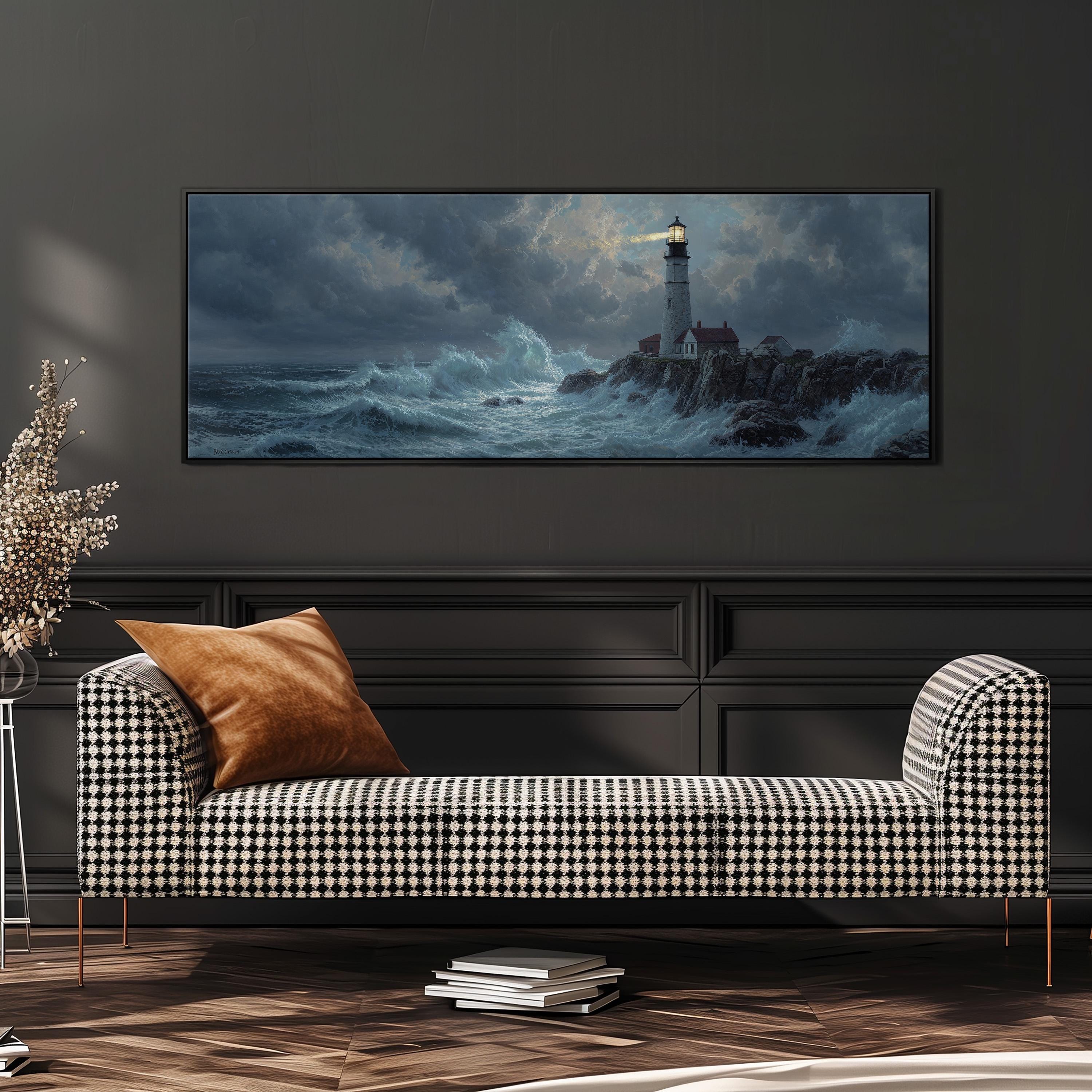 a large painting of a lighthouse on a stormy sea, hanging on a wall above a black and white checkered sofa.