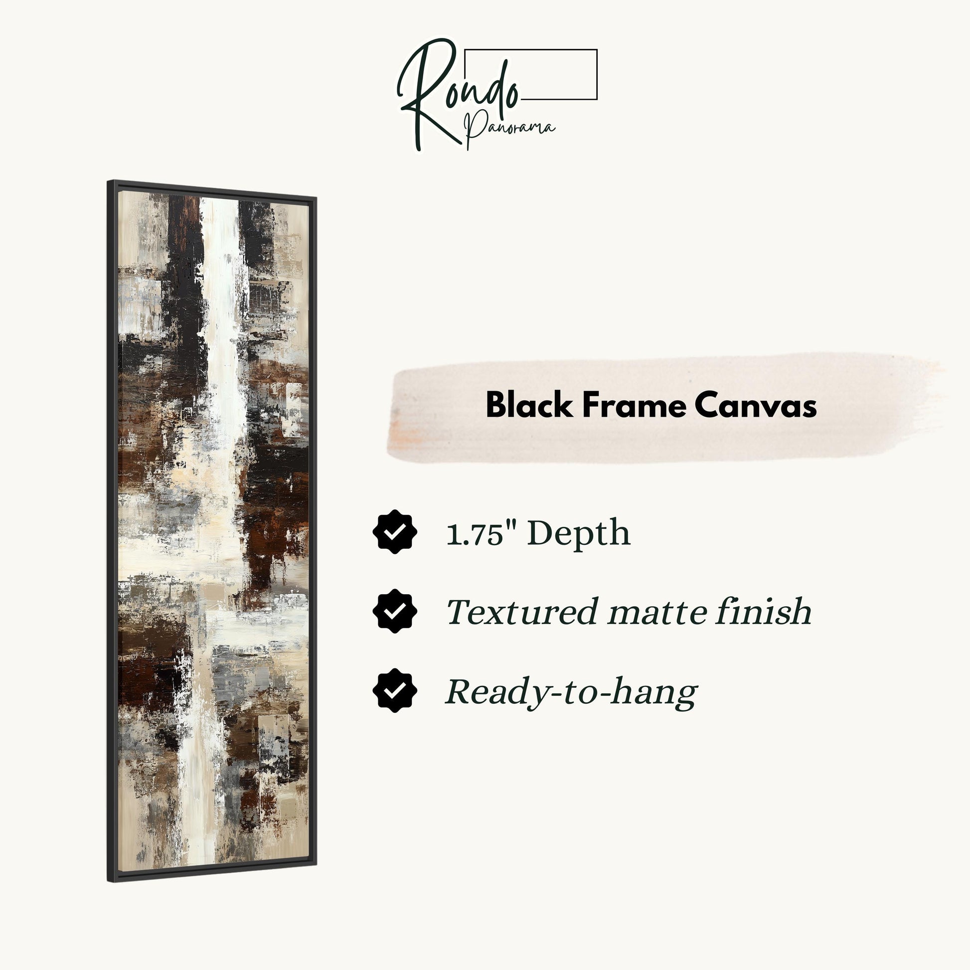 The image is a product advertisement for a black frame canvas. It features a large abstract painting with a black frame, and provides details about the product, including its dimensions, finish, and hanging capabilities.