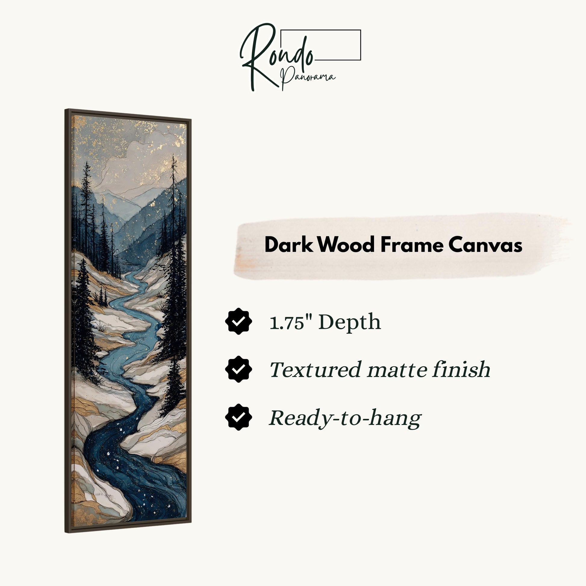 The image is a dark wood frame canvas depicting a mountain landscape with a winding river.