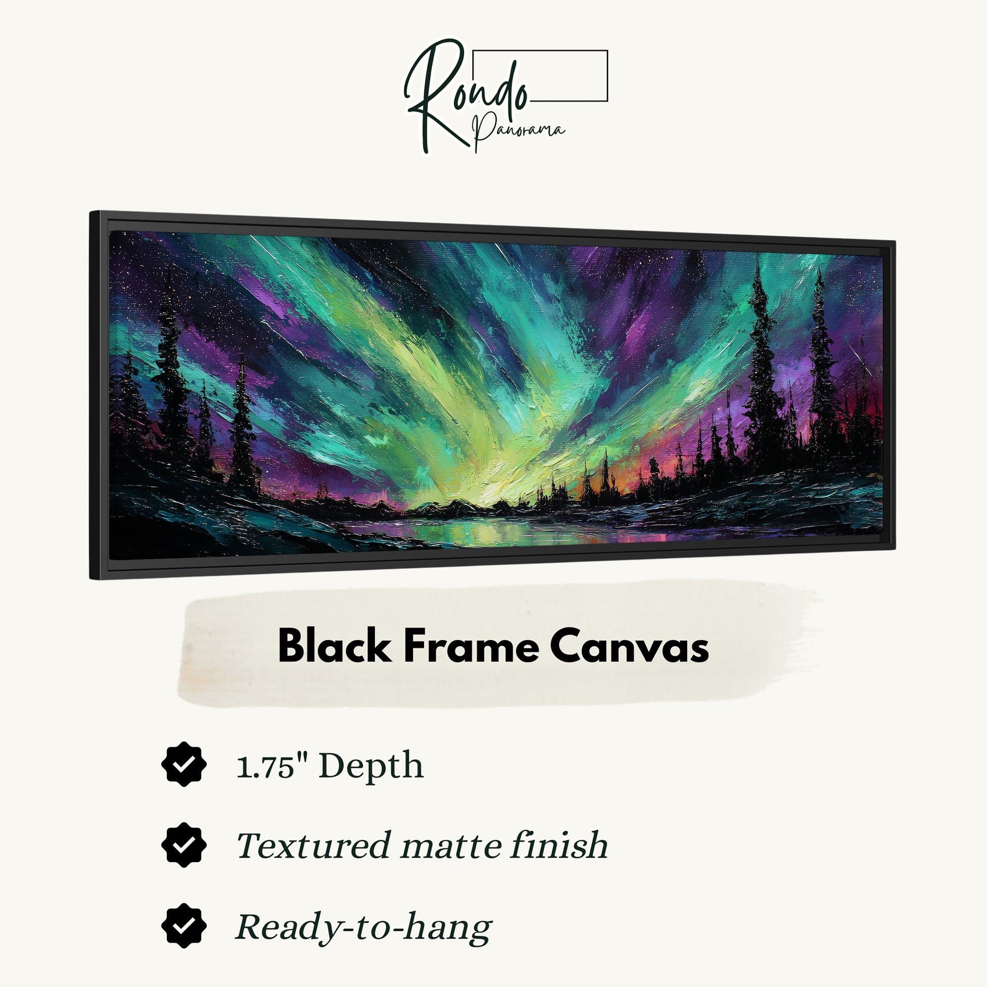 The image is a black frame canvas depicting a vibrant, colorful landscape with a lake and trees under a night sky filled with the aurora borealis.