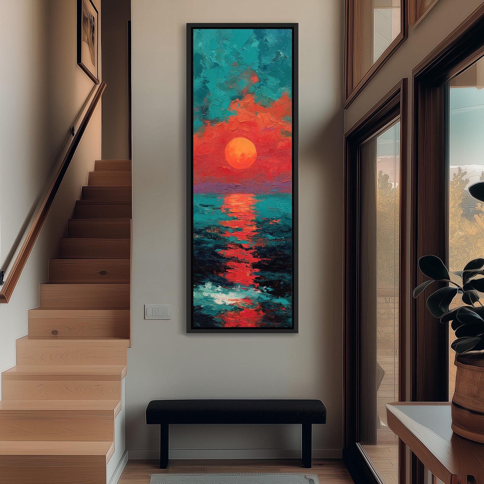 a large, colorful painting of a sunset hanging on the wall of a room with wooden stairs and a bench.