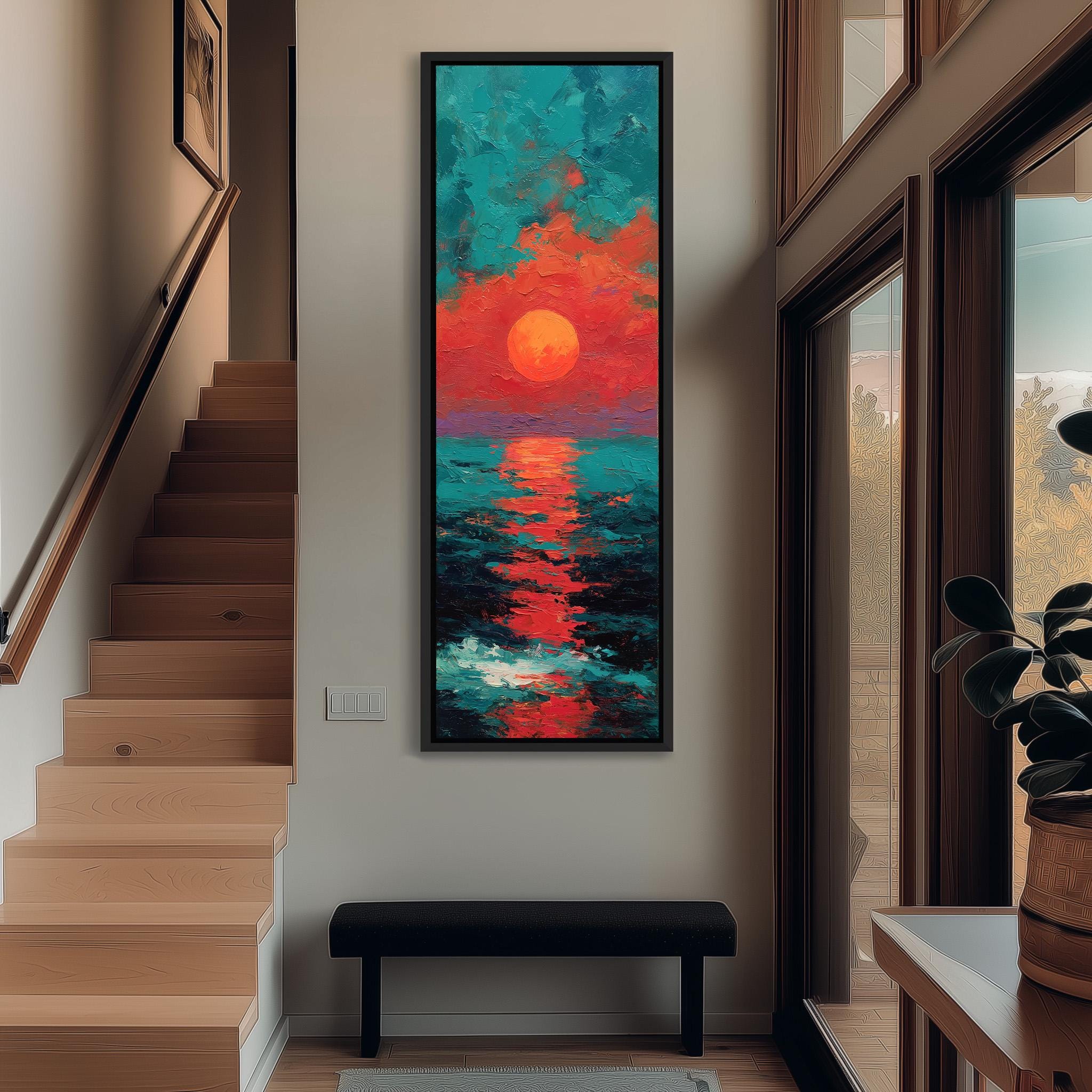 a large, colorful painting of a sunset hanging on the wall of a room with wooden stairs and a bench.