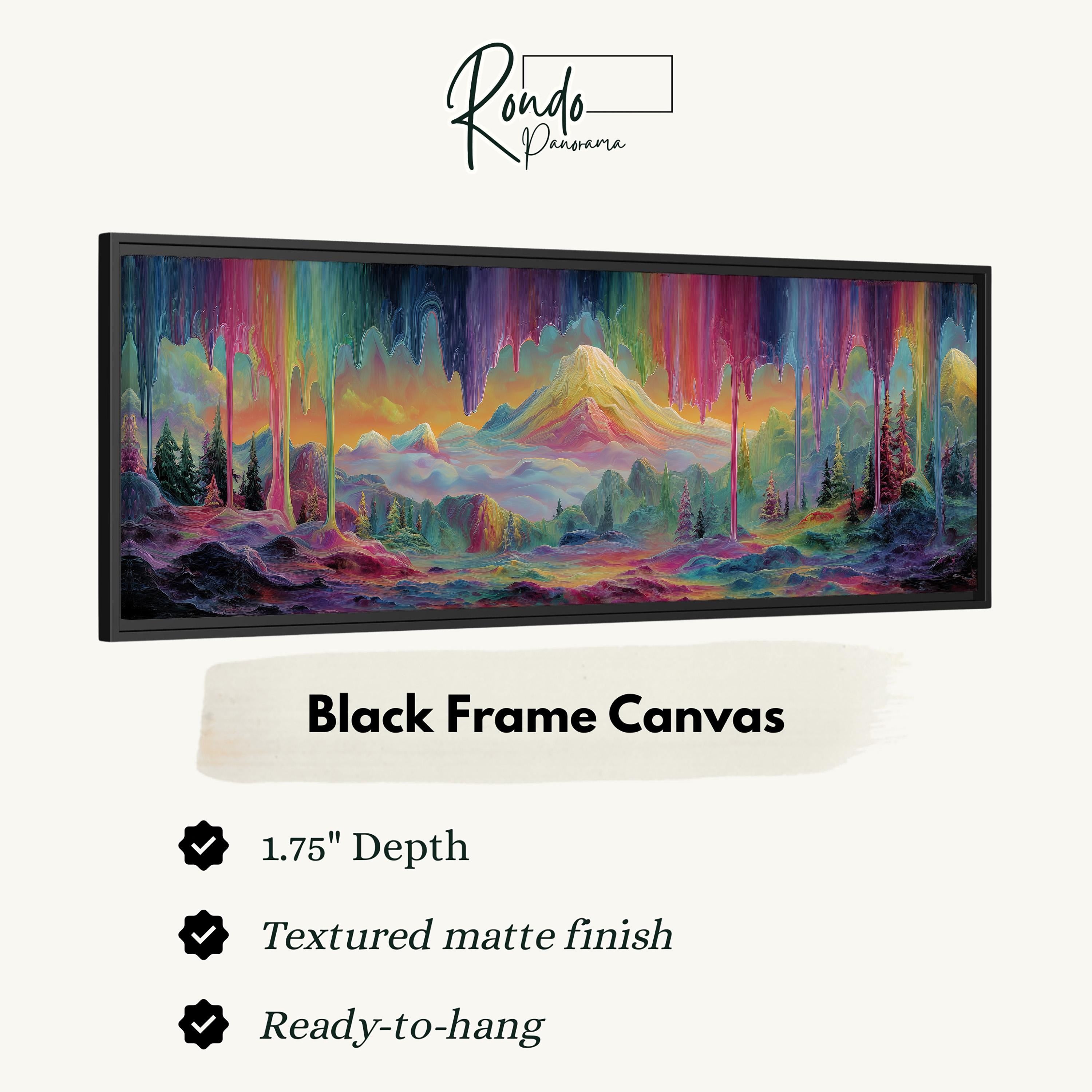 The image is a black frame canvas depicting a vibrant, colorful landscape with mountains, trees, and a rainbow-like effect.
