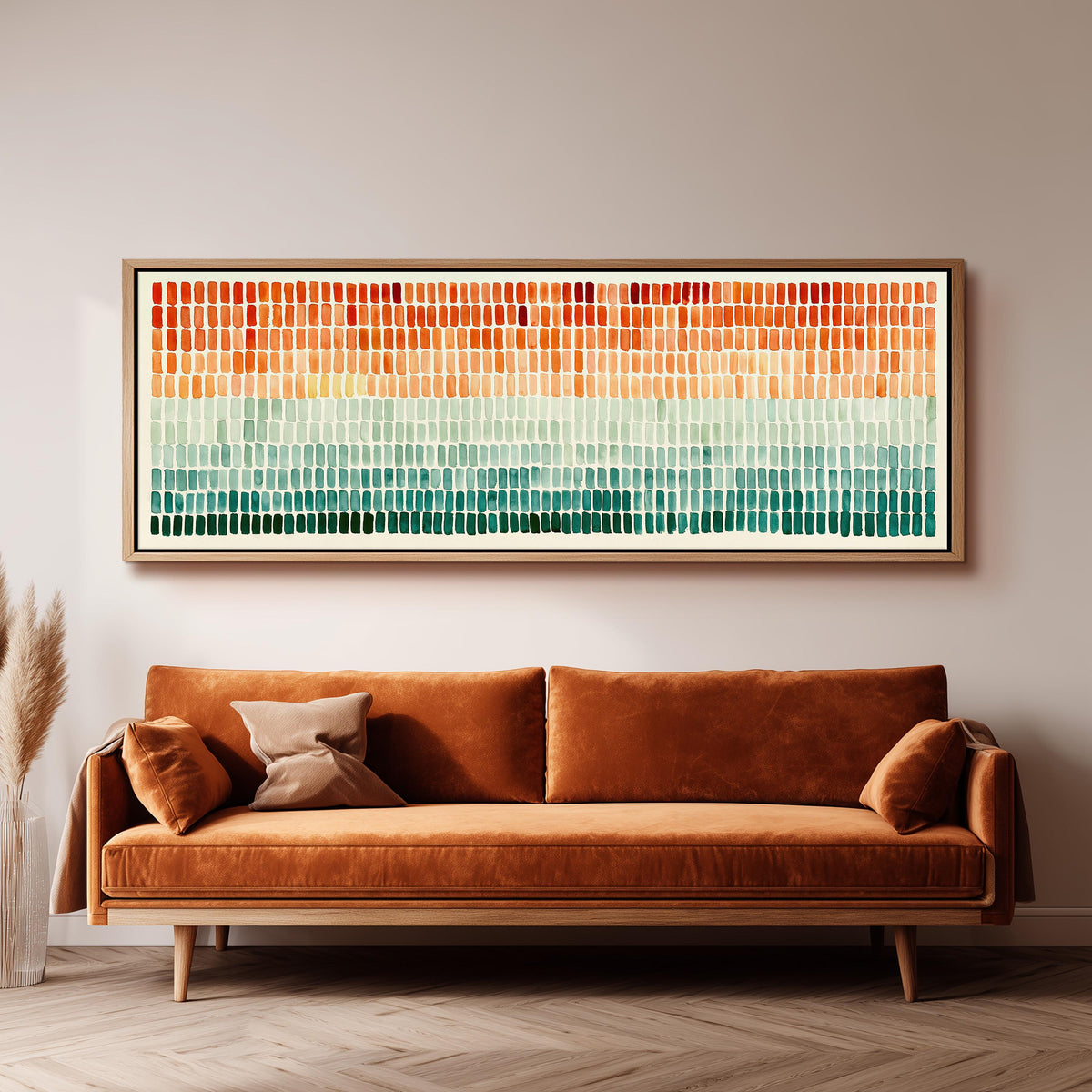 Brushmarks fading from orange to teal long horizontal canvas print above a sofa in a living room