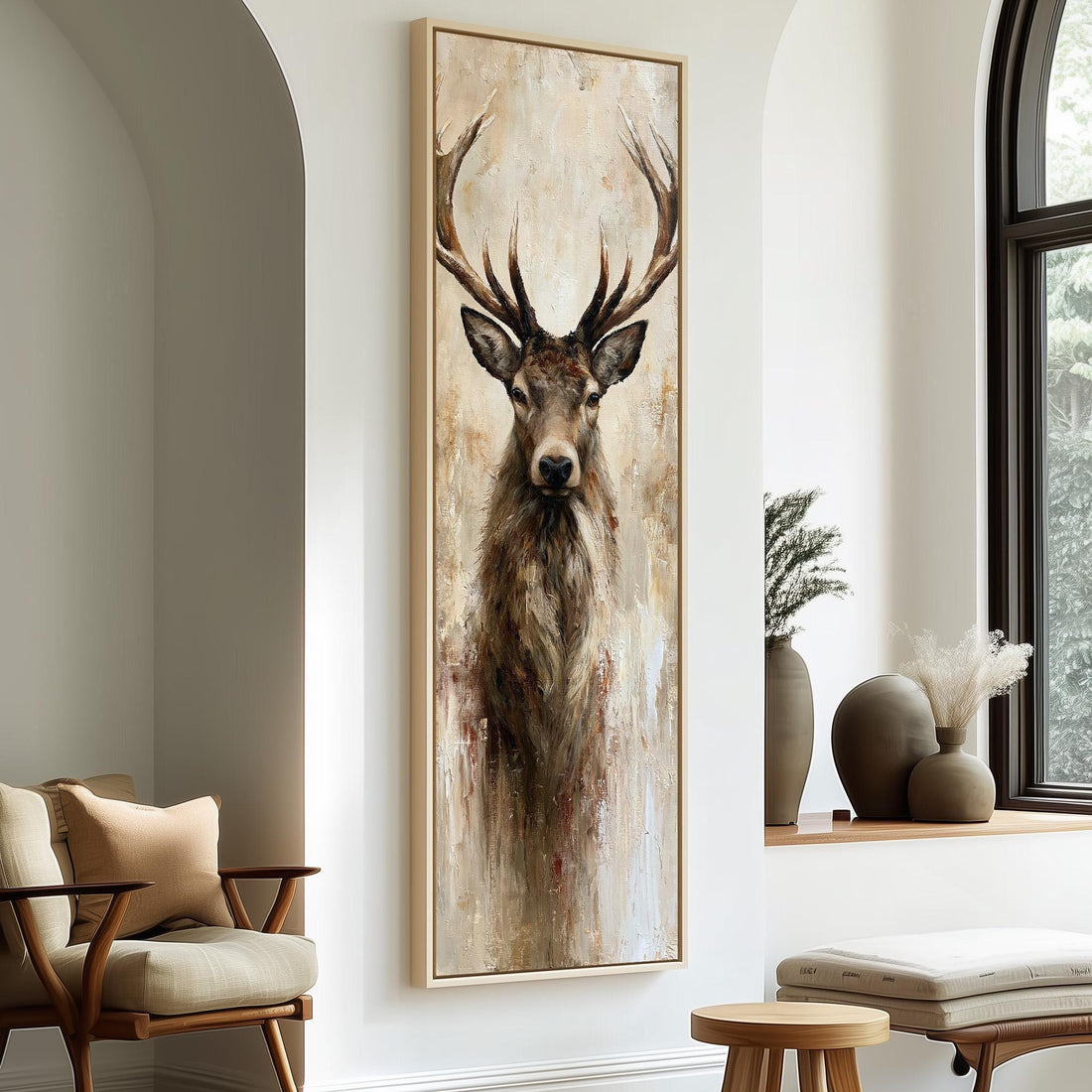 Stag portrait in soft neutrals long vertical canvas print in a sunlit living space