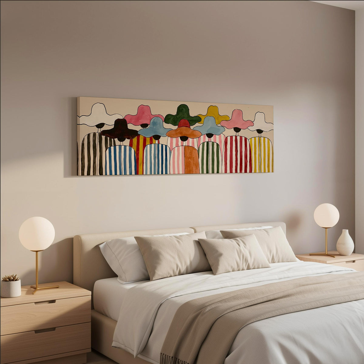 Crowd of figures in colorful sun hats wide panoramic canvas print above a bed in a neutral bedroom