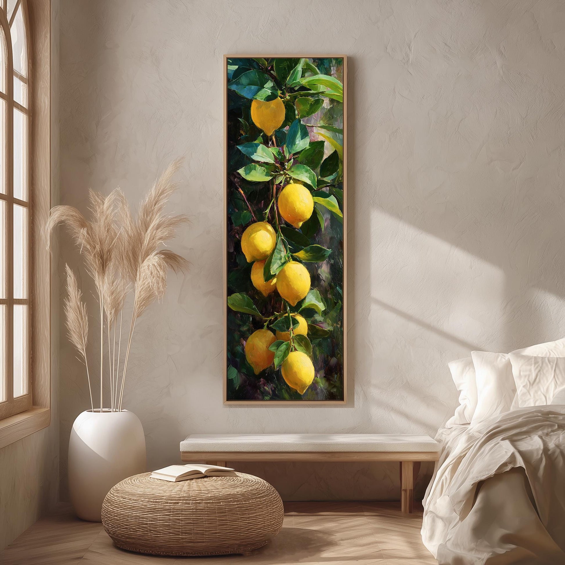 a large painting of lemons hanging on a wall, with a potted plant and a woven ottoman in the foreground.