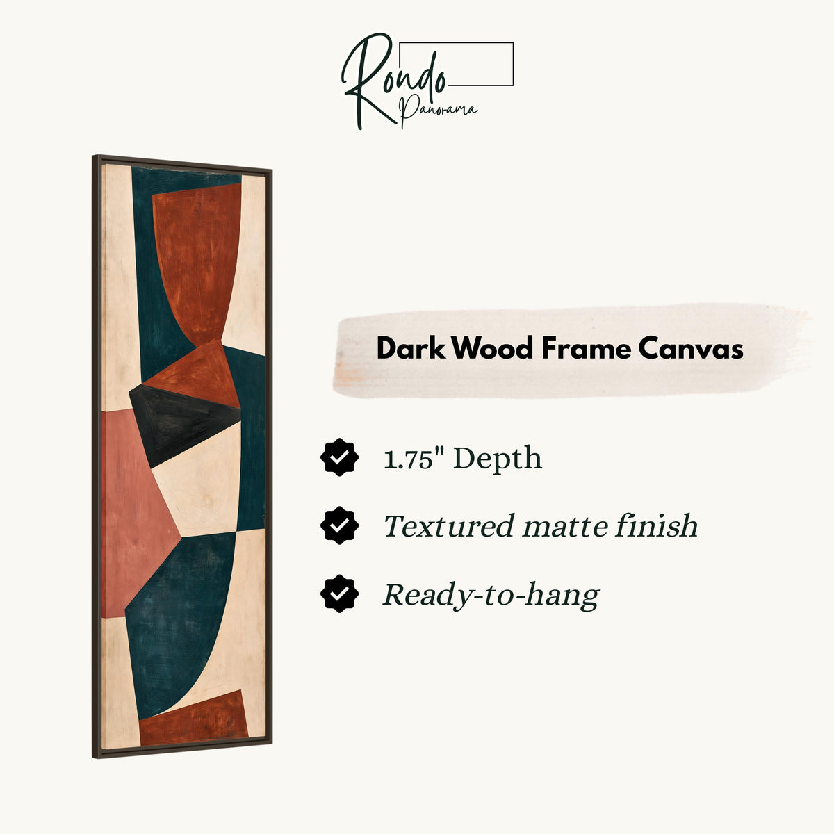 Curved blocks in rust, teal and cream canvas print in a dark wood floating frame