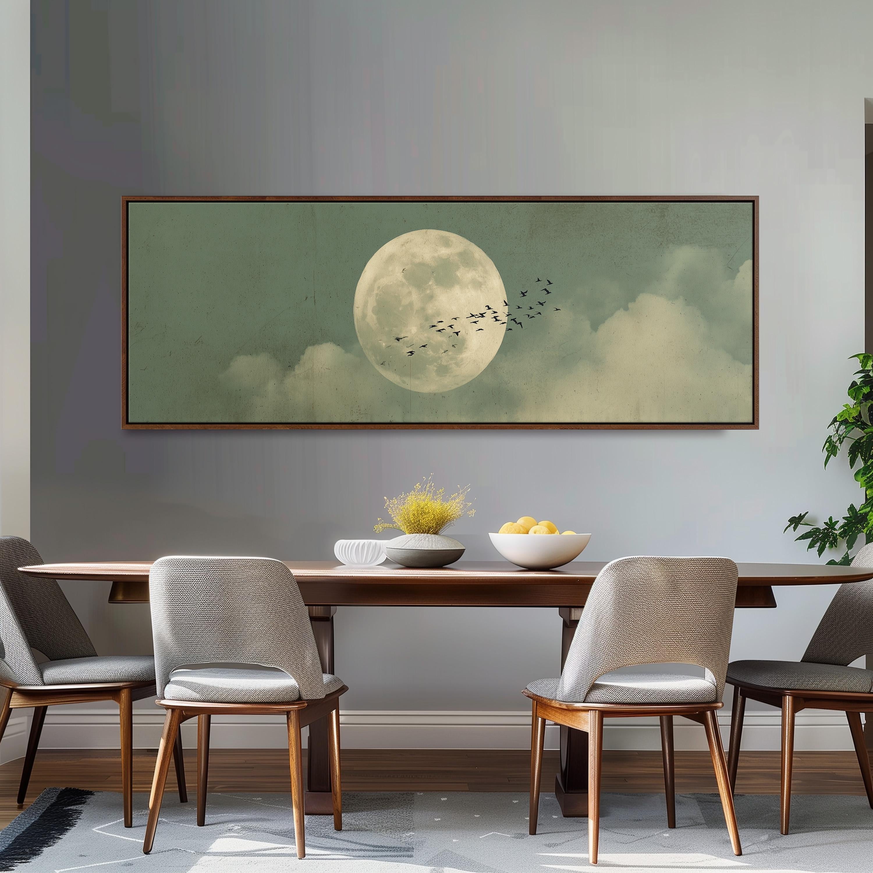 Flock of Birds and Moon - Wide Panoramic Canvas