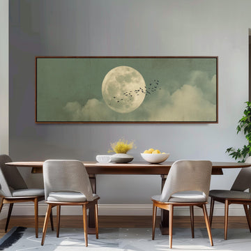 Flock of Birds and Moon - Wide Panoramic Canvas