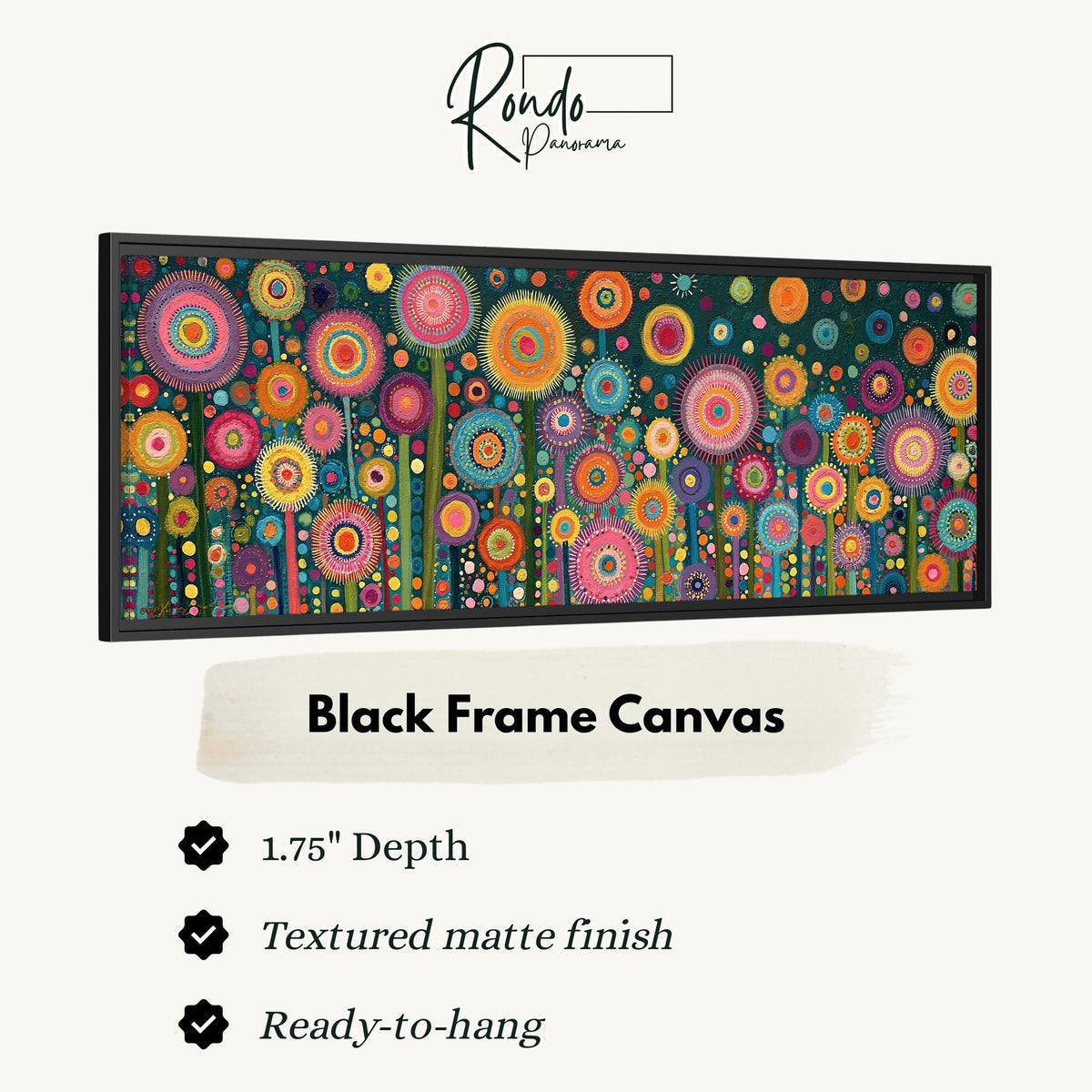 Circle flower garden on teal canvas print in a black floating frame