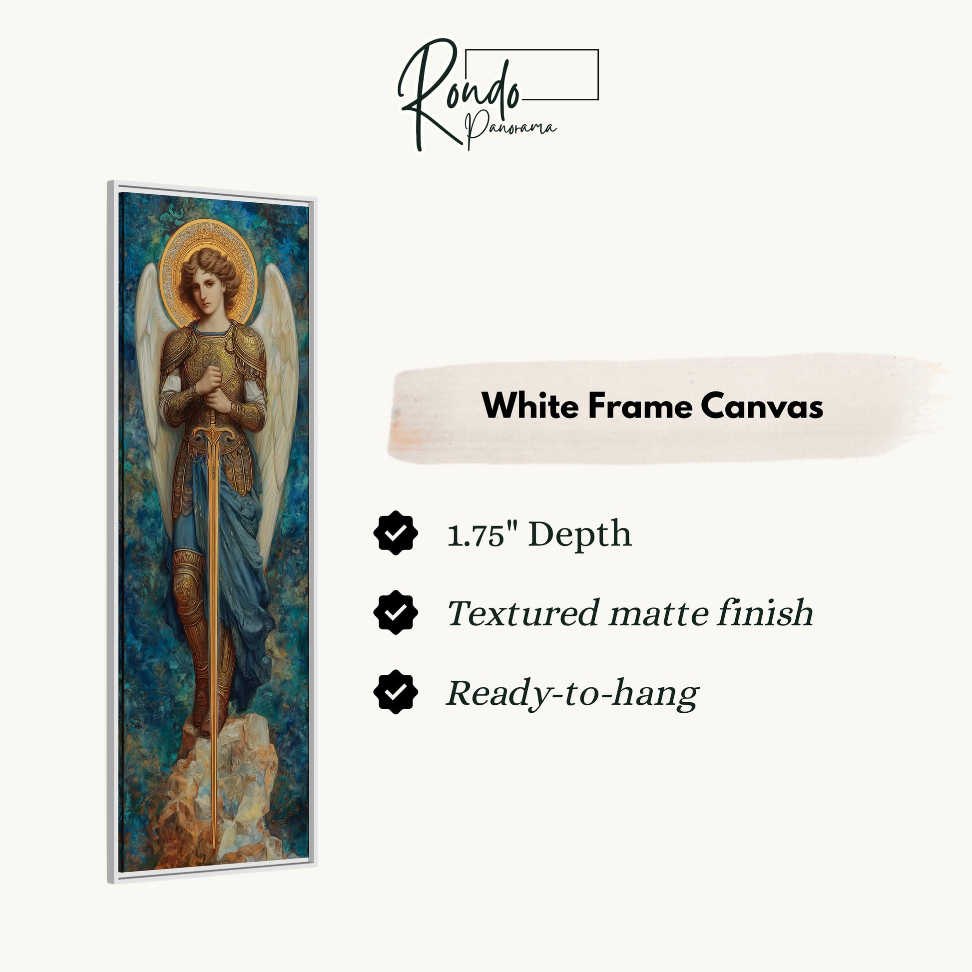 The image is a white frame canvas depicting a painting of a woman with wings, holding a sword and standing on a rock.