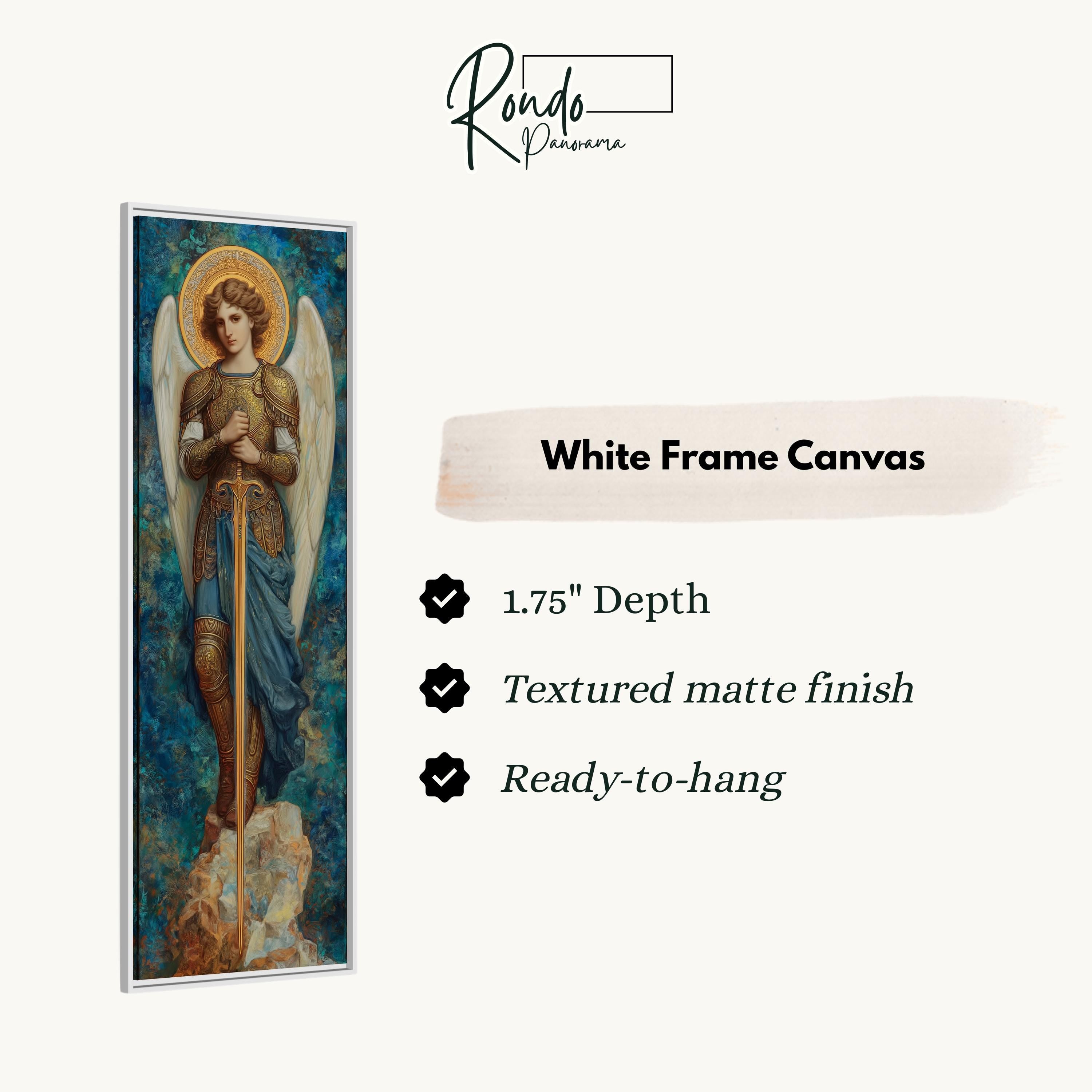 The image is a white frame canvas depicting a painting of a woman with wings, holding a sword and standing on a rock.