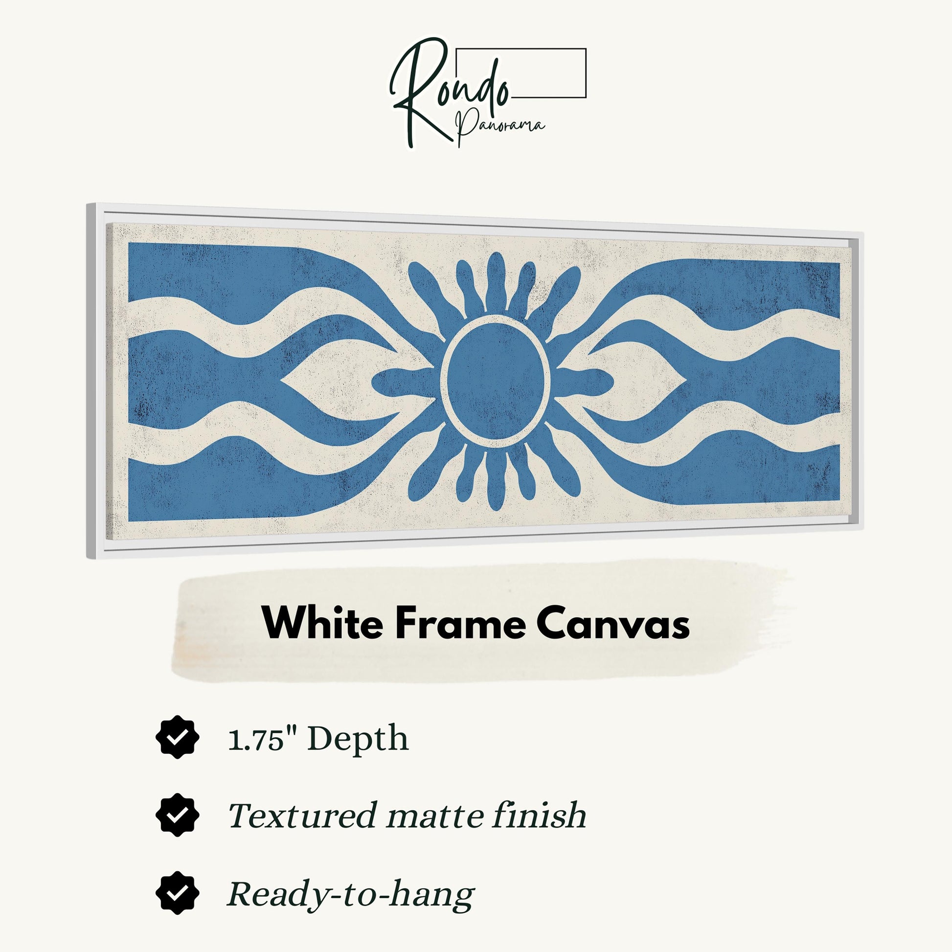 The image is a framed artwork with a white frame and a blue and white design featuring a sun-like shape.