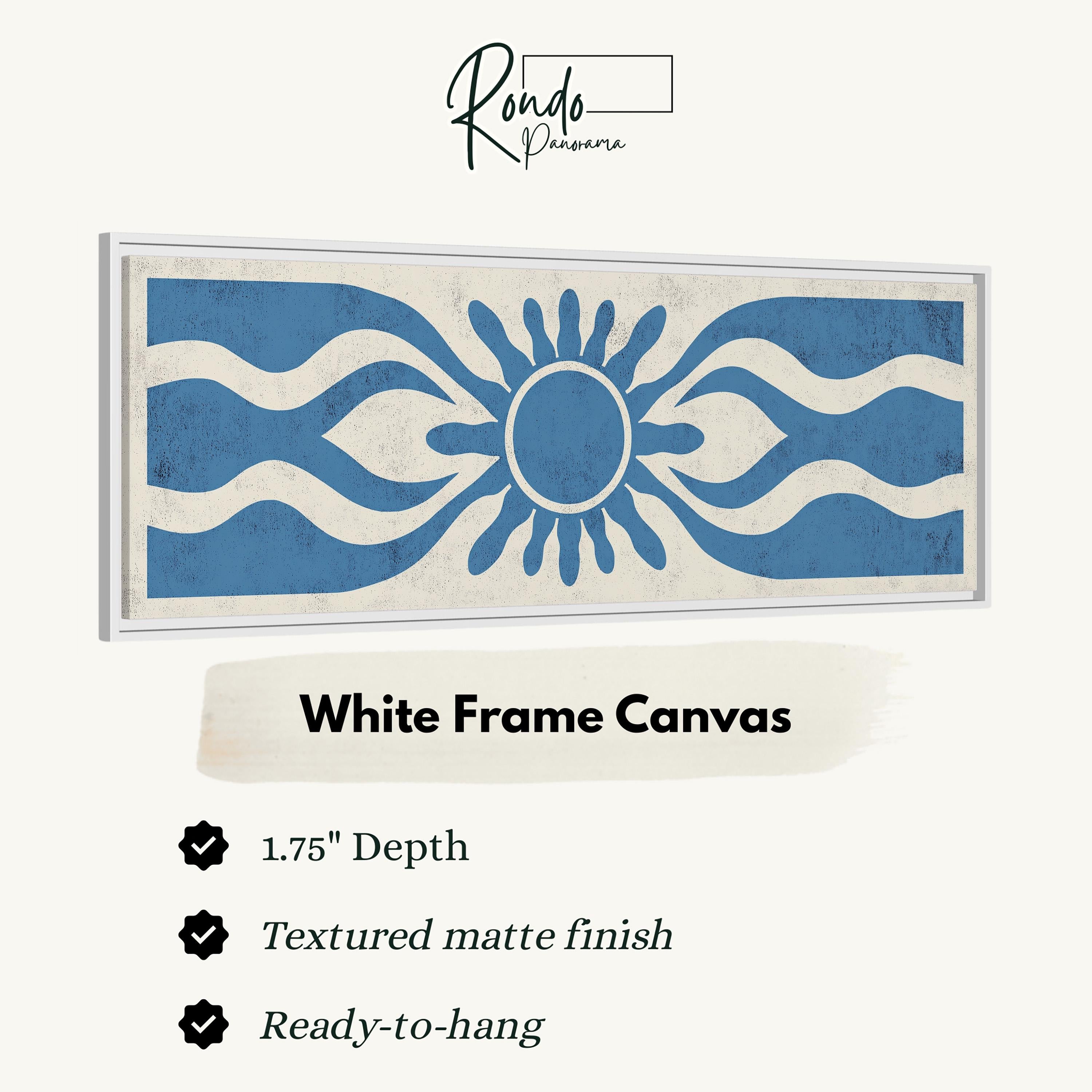 The image is a framed artwork with a white frame and a blue and white design featuring a sun-like shape.