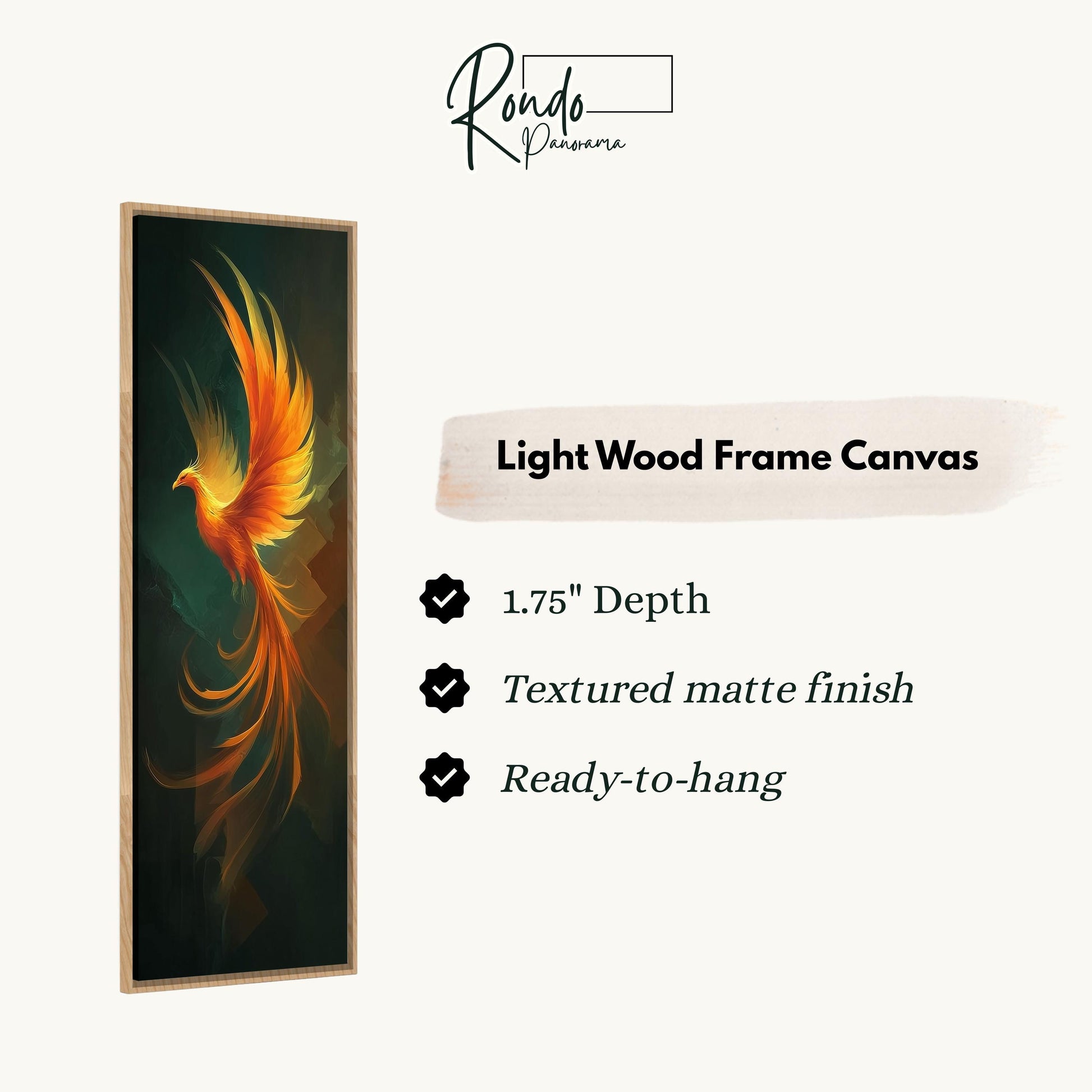 The image is a framed artwork depicting a vibrant, colorful phoenix with its wings spread wide.