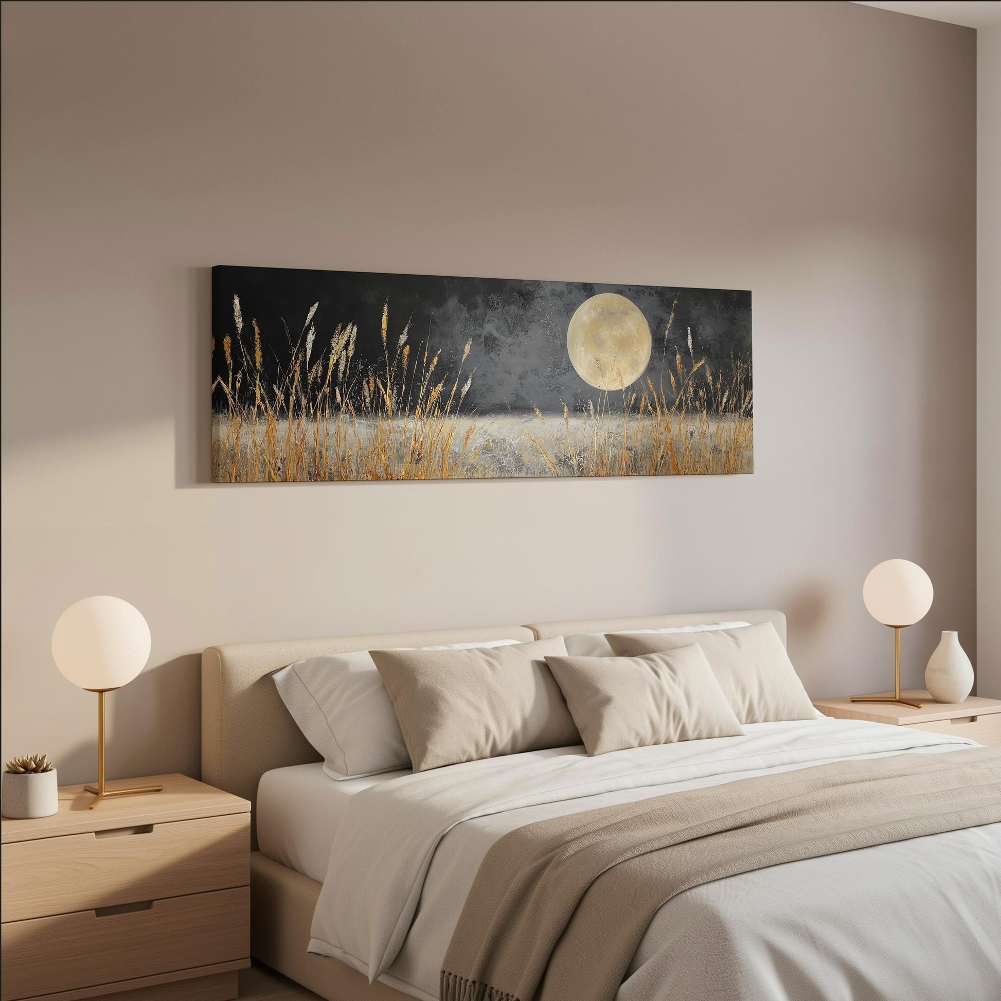 a serene bedroom scene with a large bed, two nightstands with lamps, and a painting of a field of tall grass under a full moon.