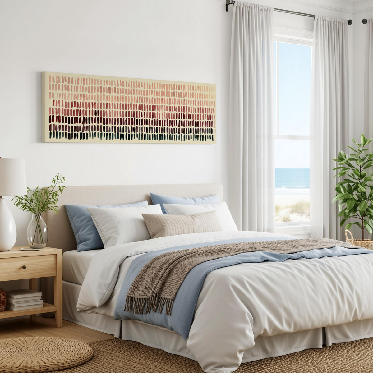 Brushmarks fading from blush to deep maroon panoramic canvas print above a bed in a coastal bedroom