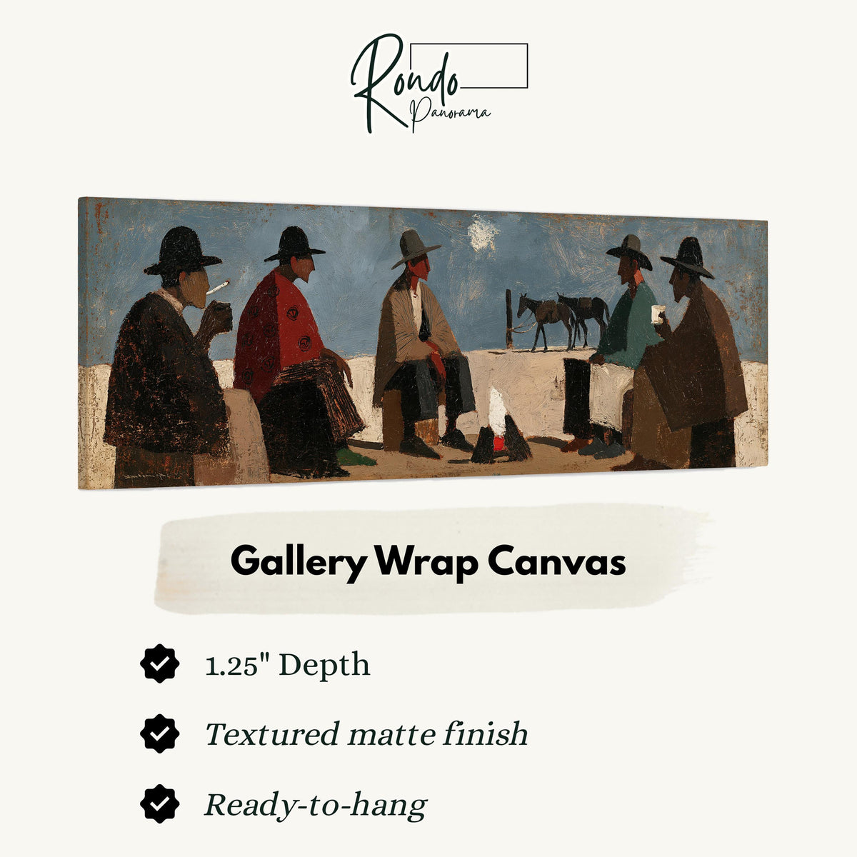 Cowboys gathered around a campfire gallery wrap canvas with the image wrapped around the edges