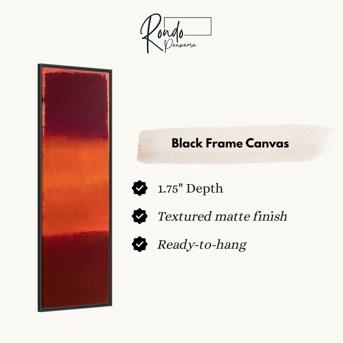 Color field bands in maroon, orange and red canvas print in a black floating frame