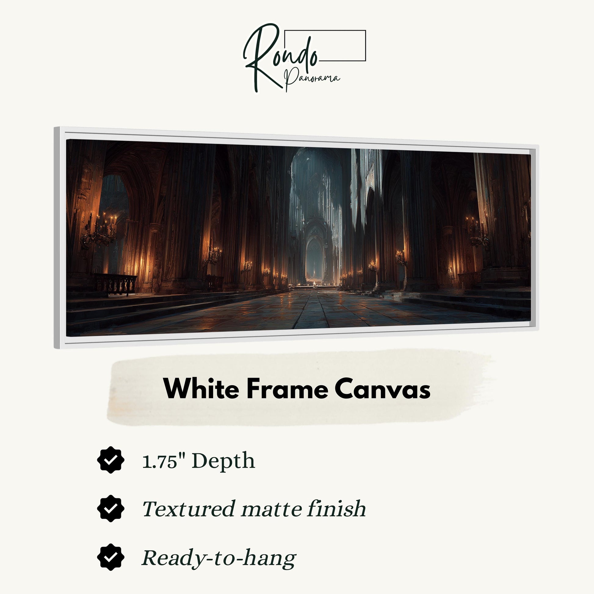 The image is a white frame canvas depicting a long, dimly lit hallway with tall, arched ceilings and chandeliers.