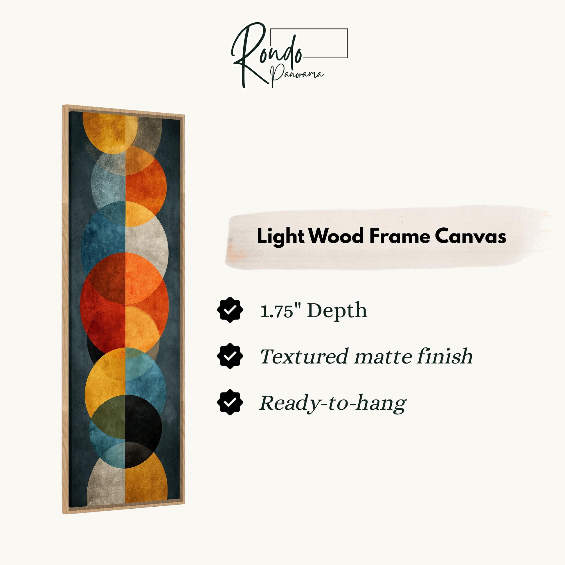 The image is a light wood frame canvas featuring a geometric design with circles of varying sizes and colors.