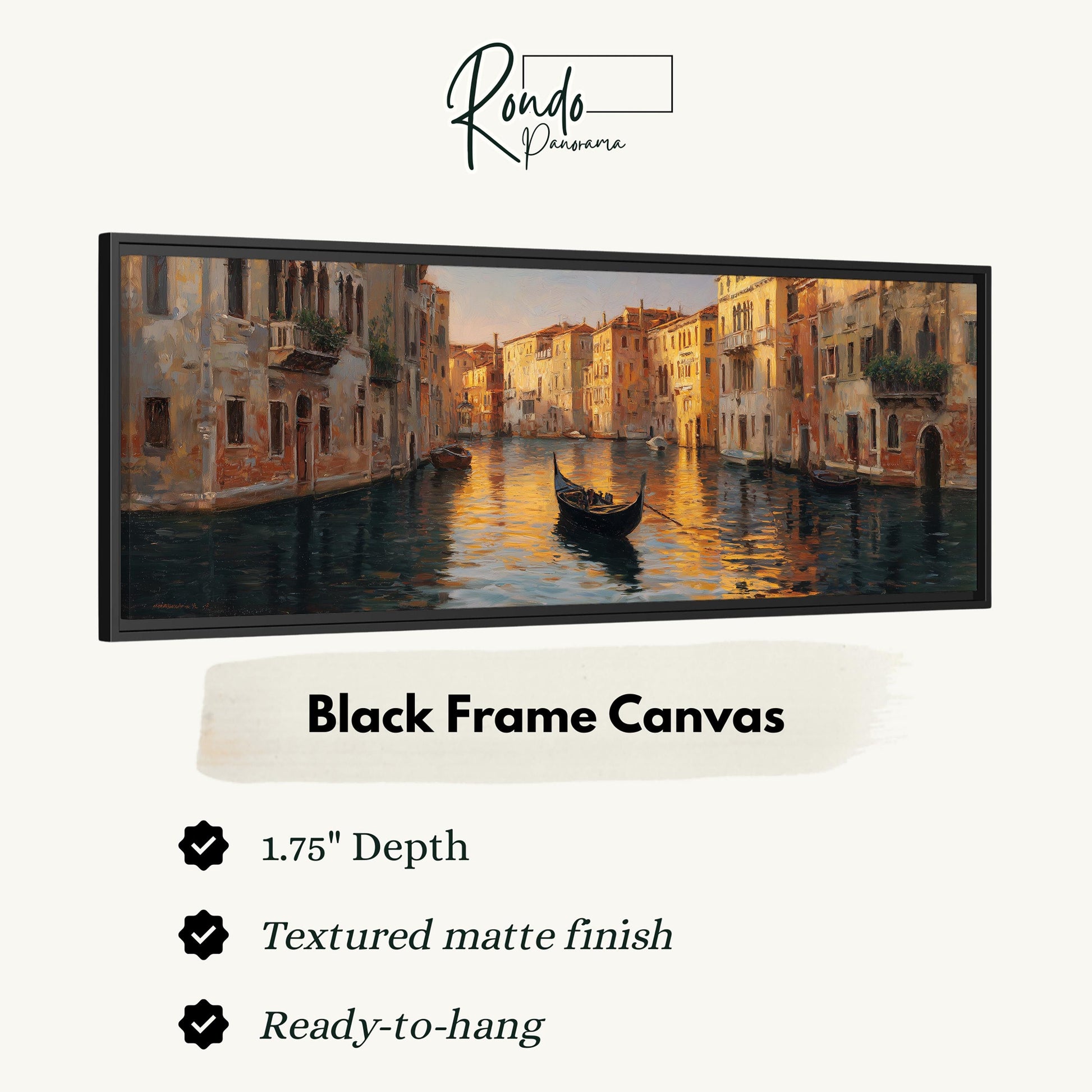 The image is a black frame canvas depicting a picturesque scene of a gondola on a canal in Venice, Italy.