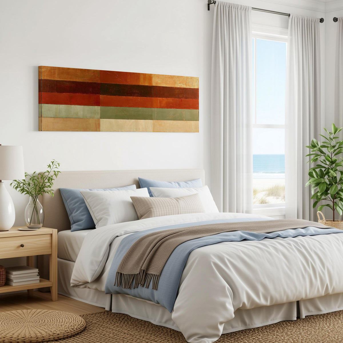 Amber, rust and sage horizontal color bands panoramic canvas print above a bed in a coastal bedroom