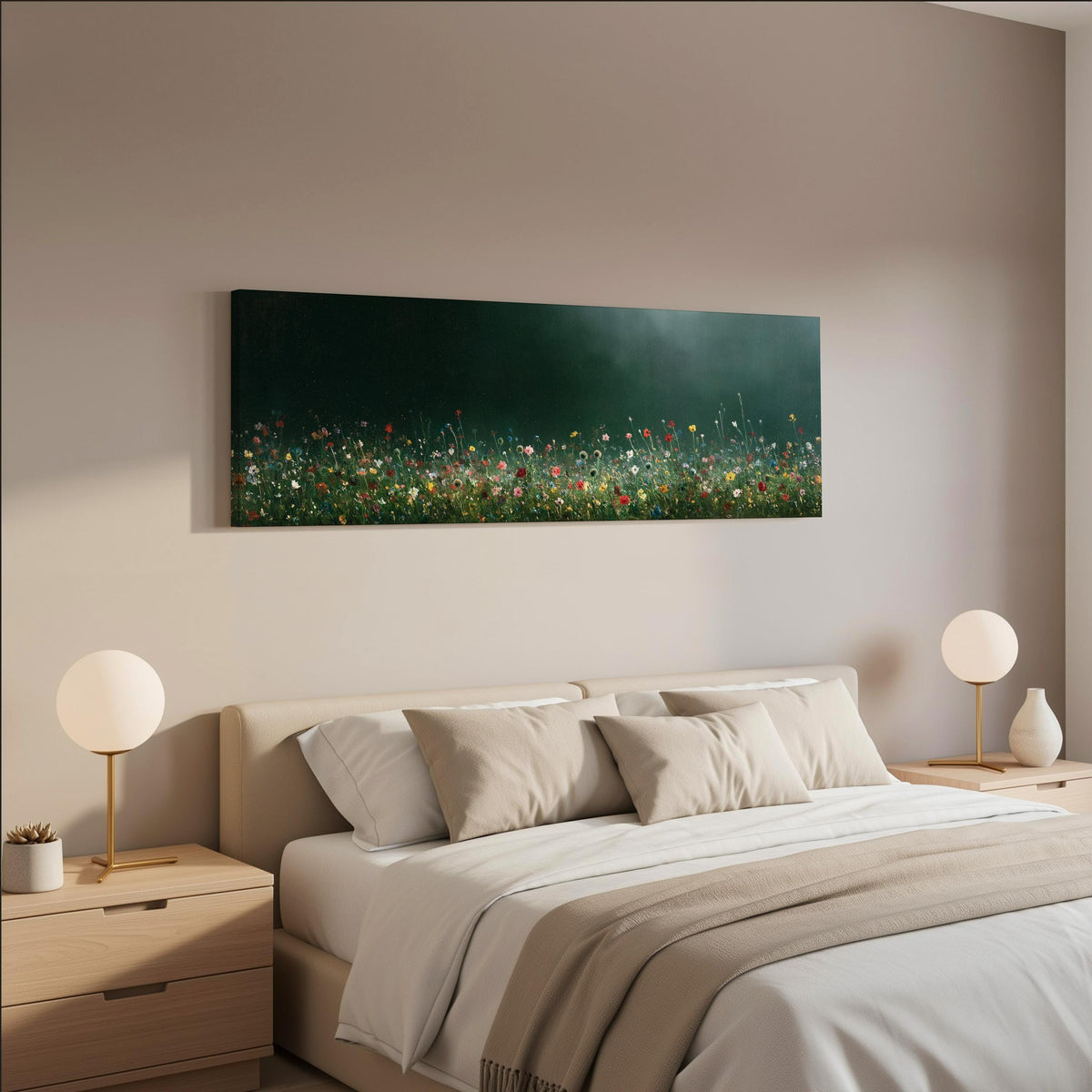 Wildflower field under a misty teal sky wide panoramic canvas print above a bed in a neutral bedroom