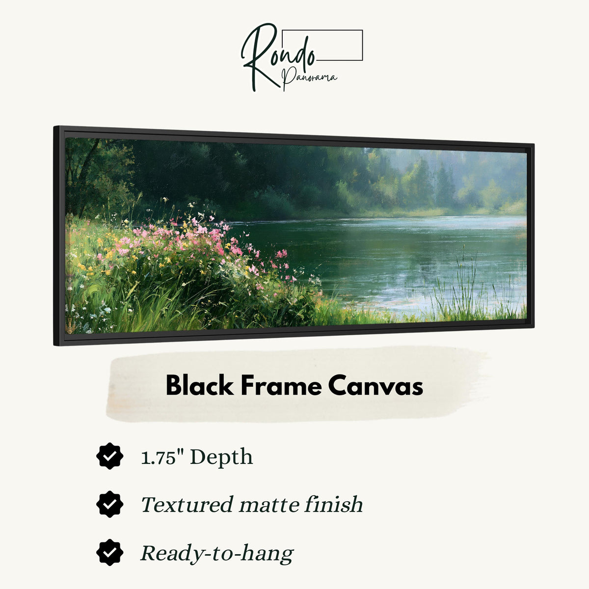 Pink wildflowers on a green lakeshore canvas print in a black floating frame