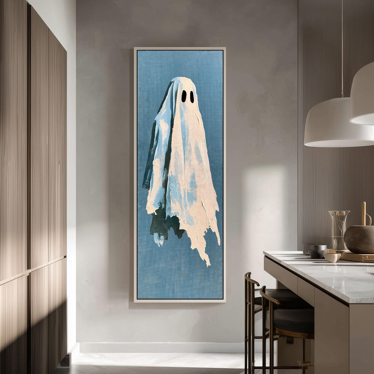 Folk art ghost on blue tall skinny canvas print in a modern kitchen