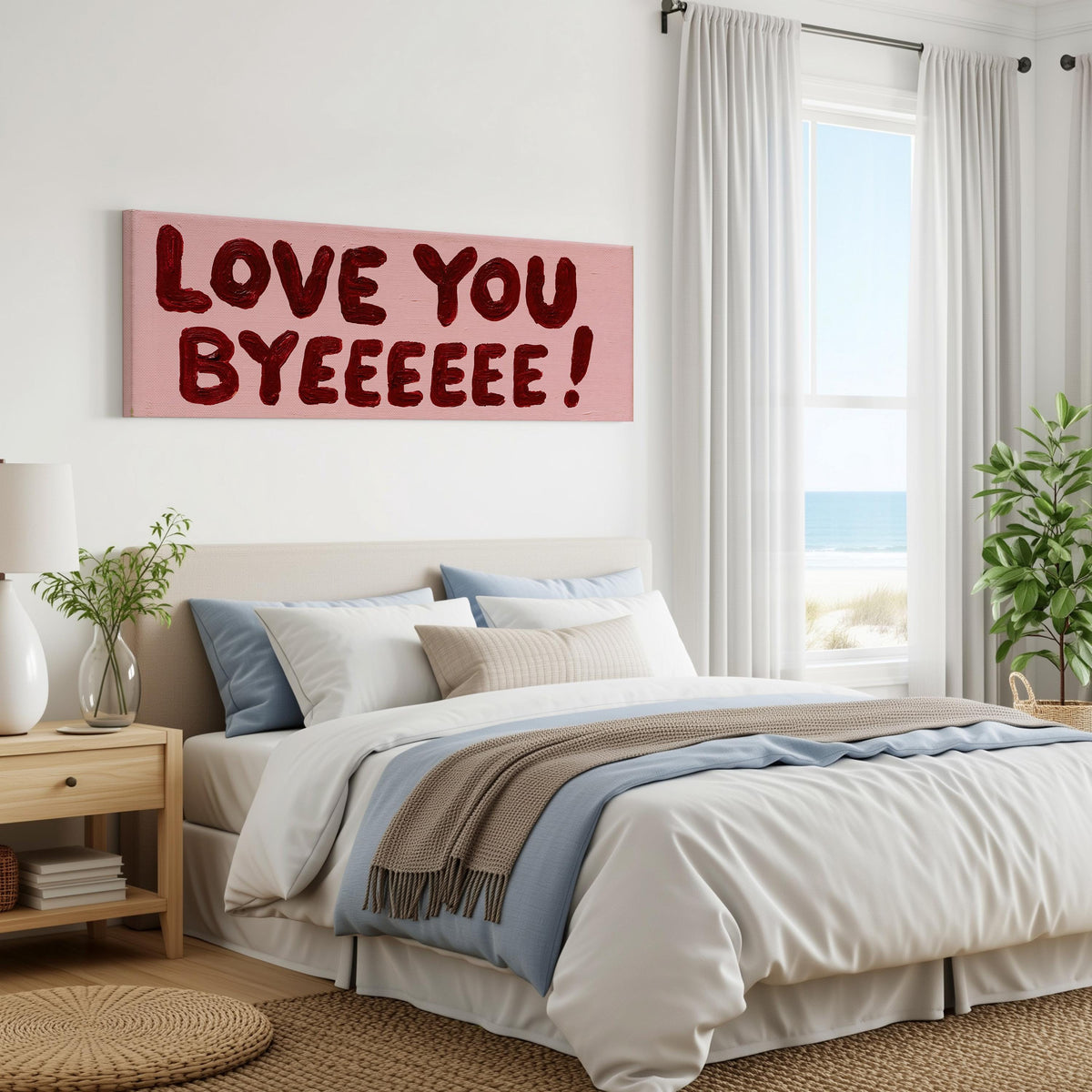 Love you byeeeee retro quote panoramic canvas print above a bed in a coastal bedroom