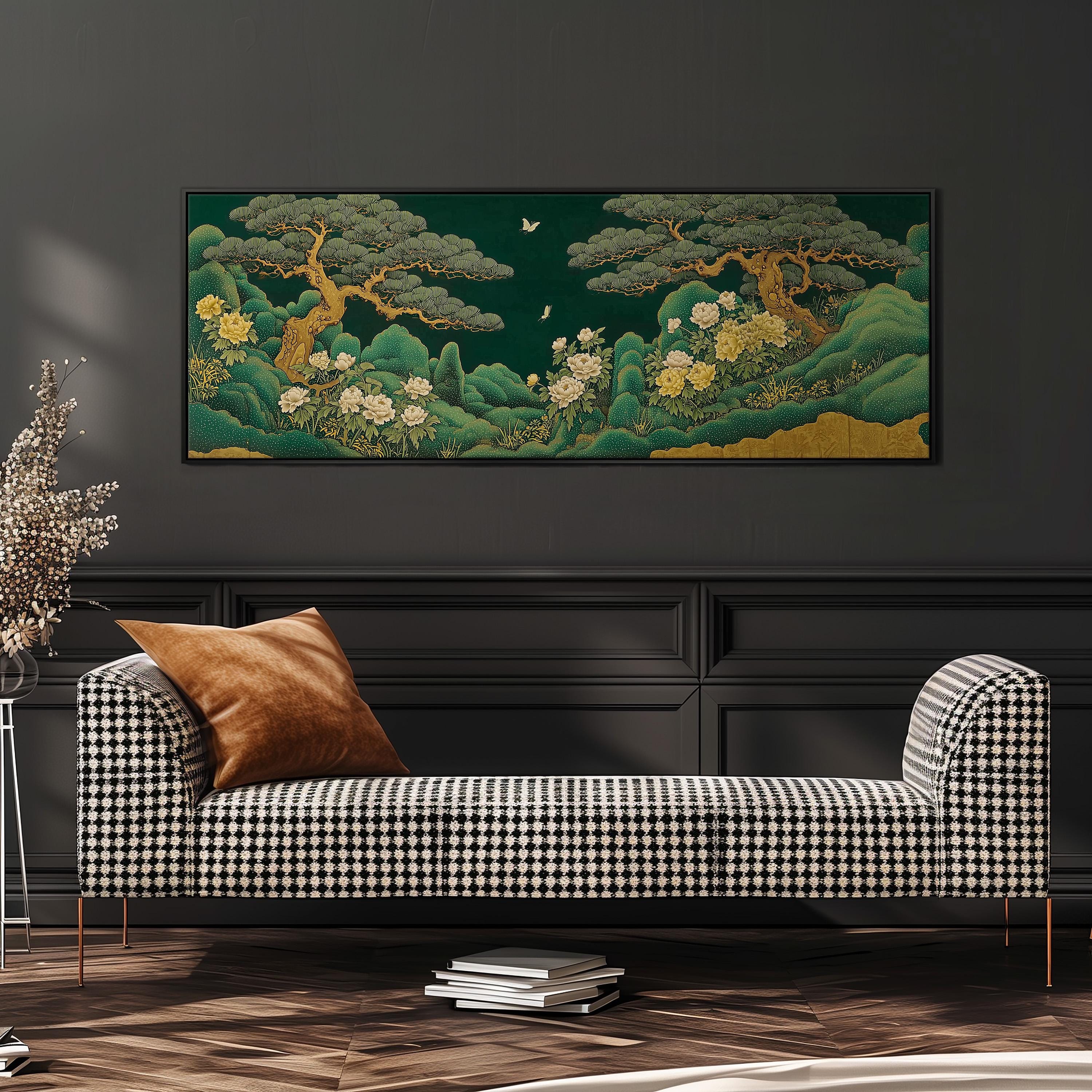 a large, colorful painting of a lush, verdant landscape with trees, flowers, and a butterfly, hanging on a dark wall above a black and white checkered sofa.
