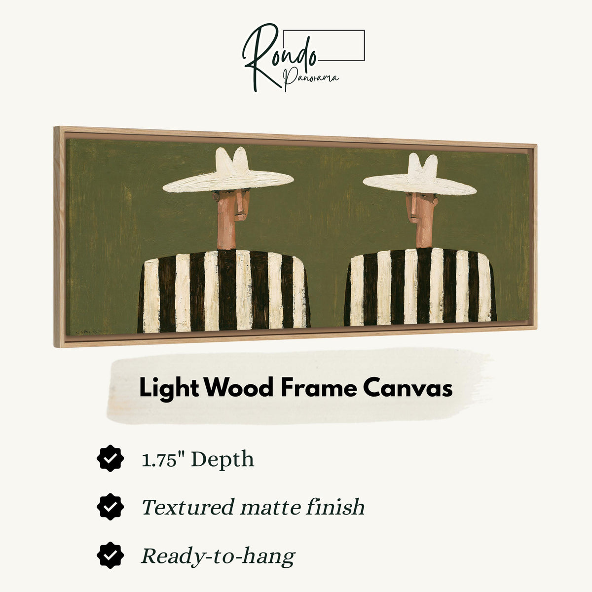Two figures in striped shirts canvas print in a light wood floating frame