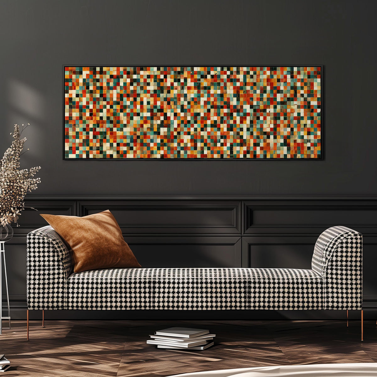 Dense autumn mosaic tiles wide panoramic canvas print above a bench in a dark living room