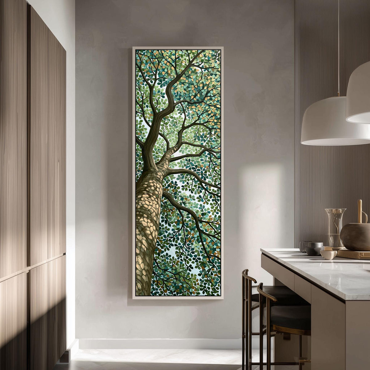 Tree canopy in a dappled mosaic style tall skinny canvas print in a modern kitchen