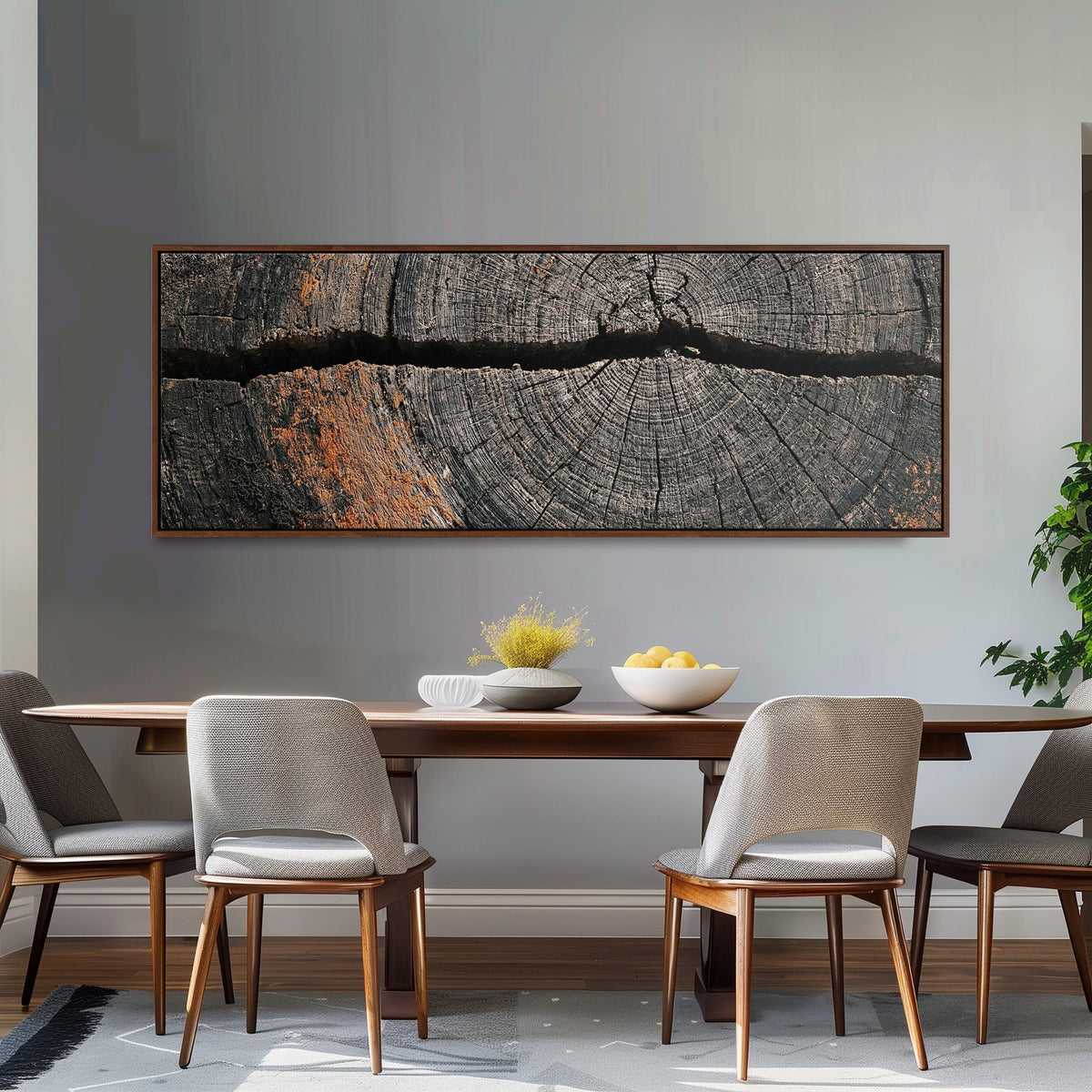 Cracked weathered wood ring long horizontal canvas print above a dining table
