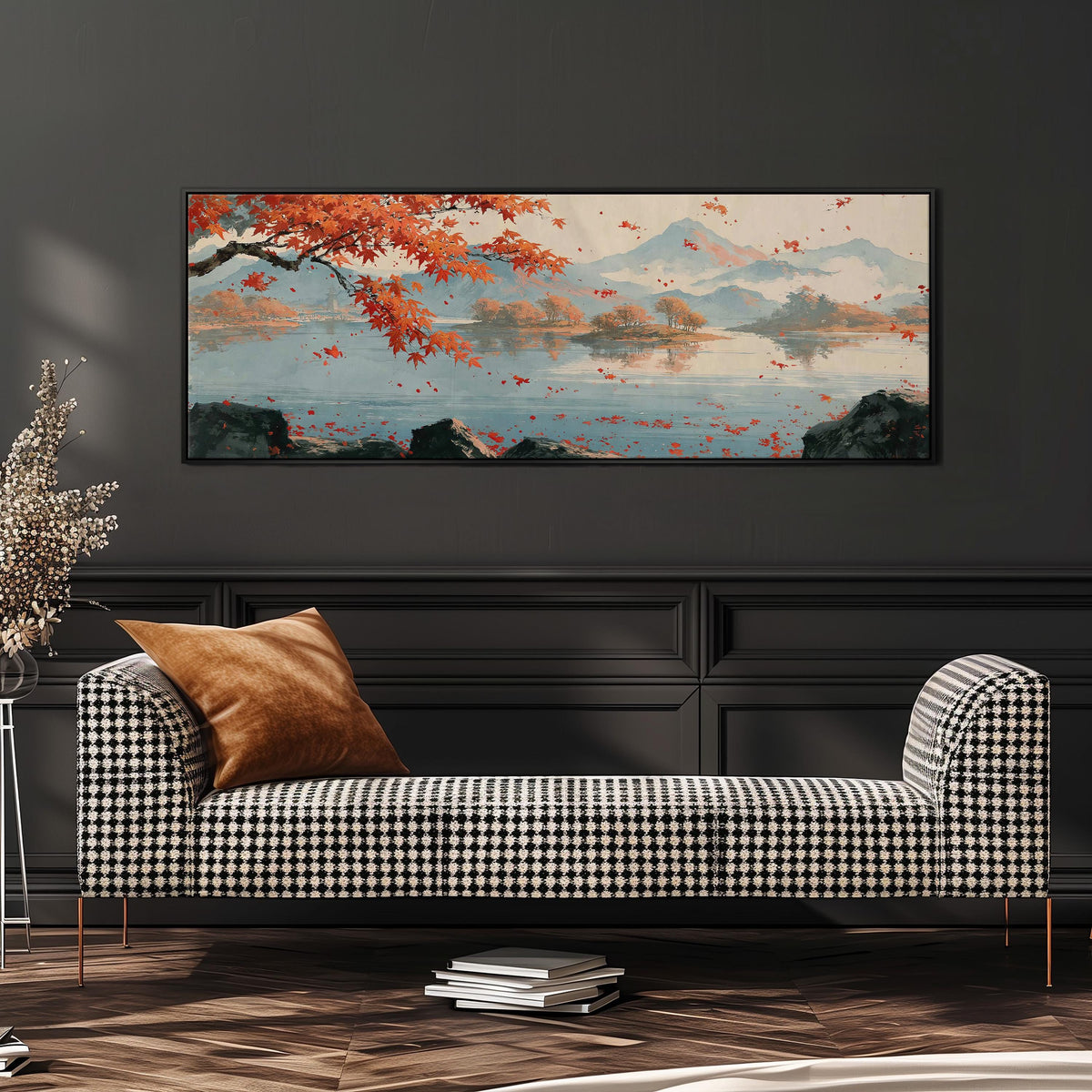 Japanese maple over a misty lake wide panoramic canvas print above a bench in a dark living room