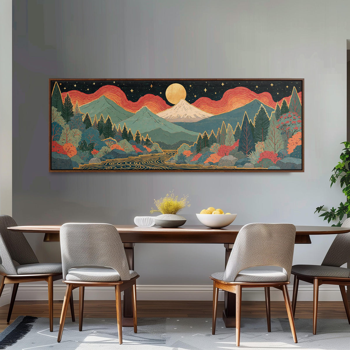 Mystic mountains under a moonrise long horizontal canvas print above a dining table