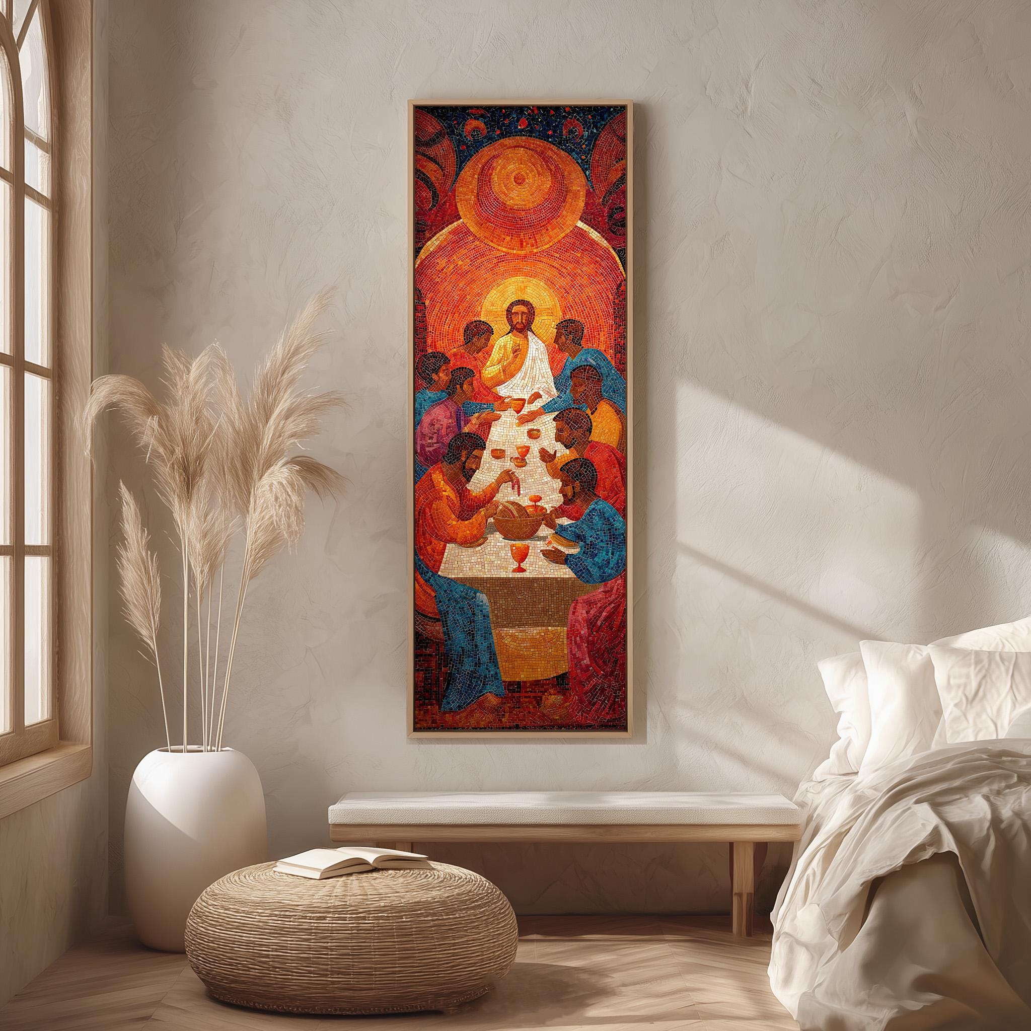 a large, colorful painting of Jesus Christ surrounded by people, hanging on a wall in a room with a window and a bed.