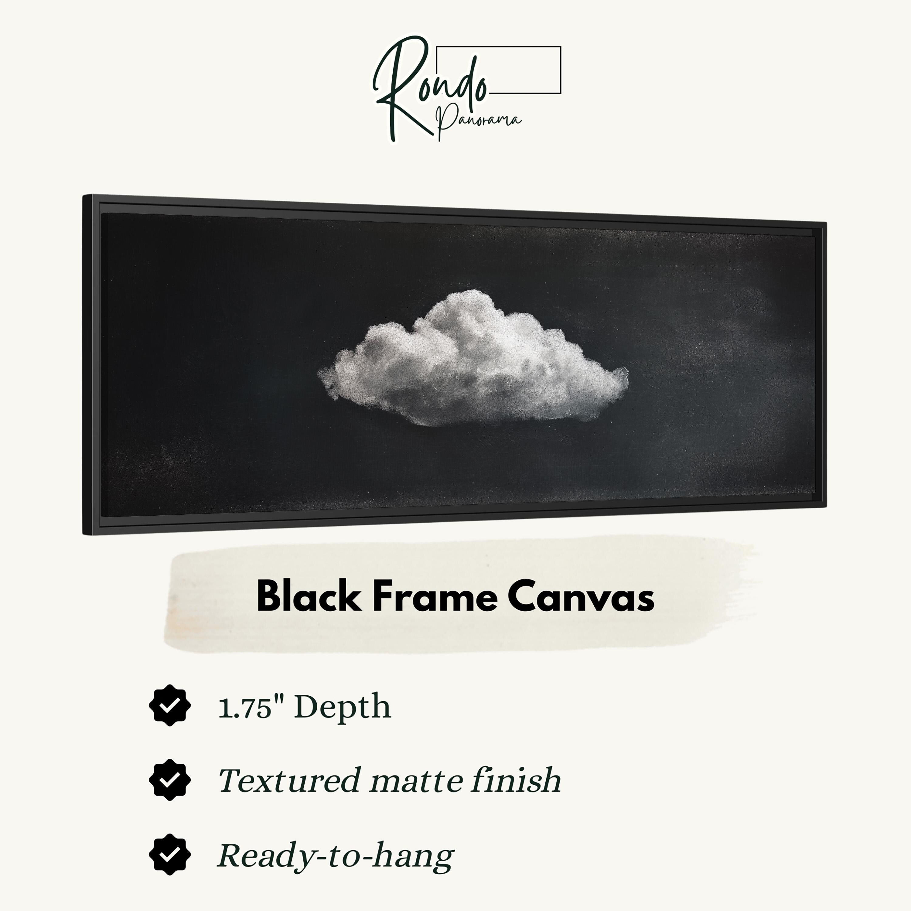 The image is a black frame canvas depicting a single white cloud against a black background.
